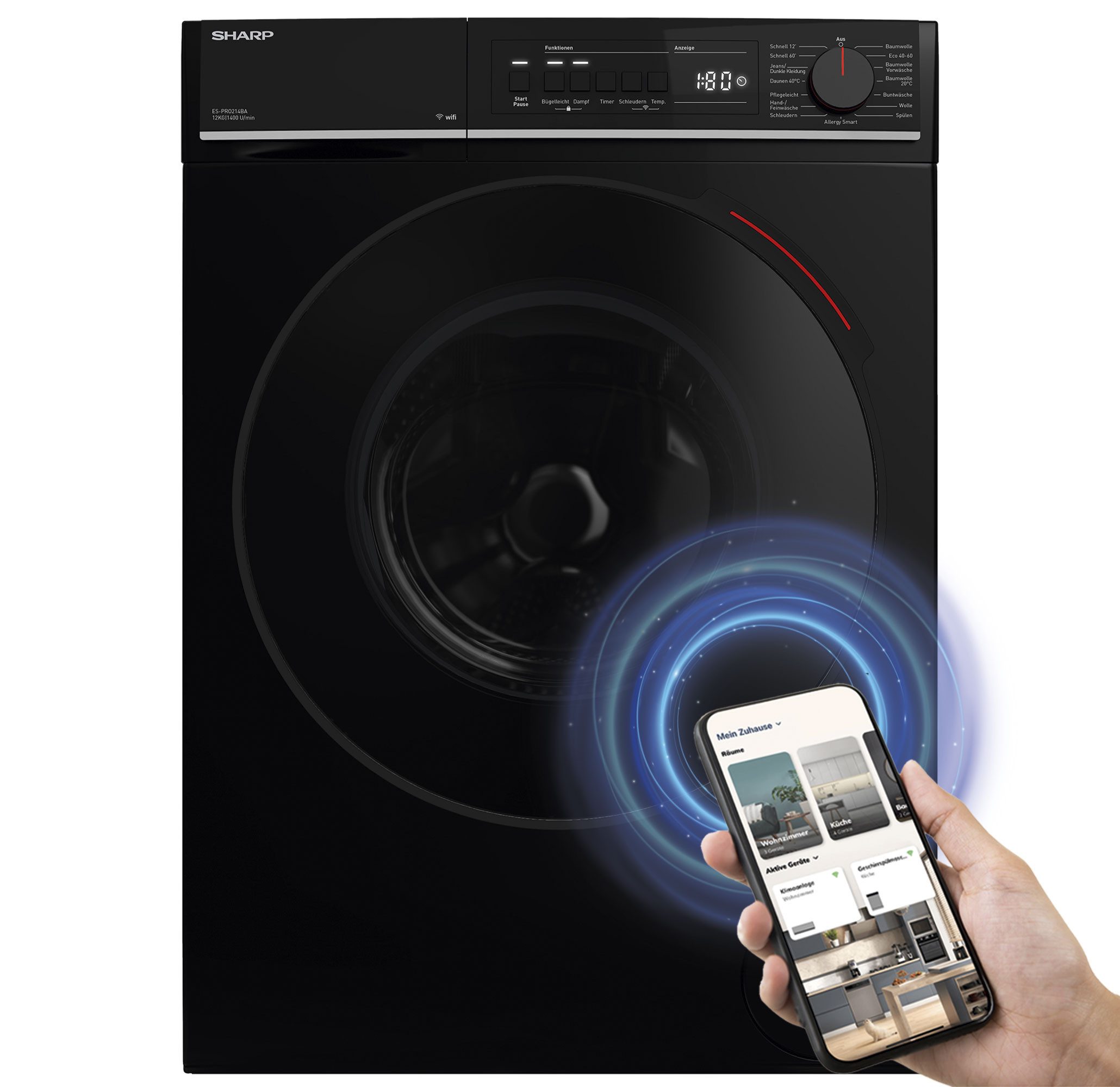 Sharp Waschmaschine ES-PRO214BA-DE, 12 kg, 1400 U/min, AllergySmart, Dampf, WIFI Steuerung per App, 12 kg