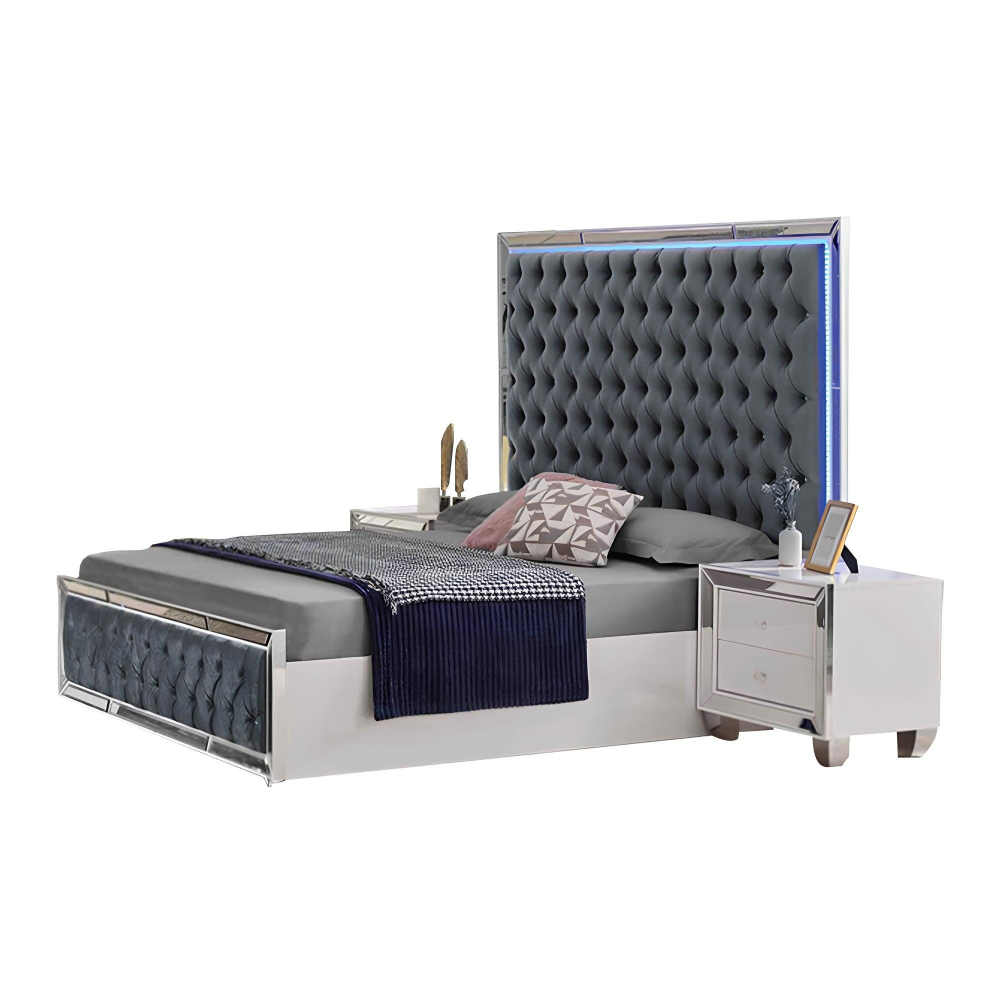 Bett Doppelbett in Grau mit Chesterfield-Design, LED-Beleuchtung und