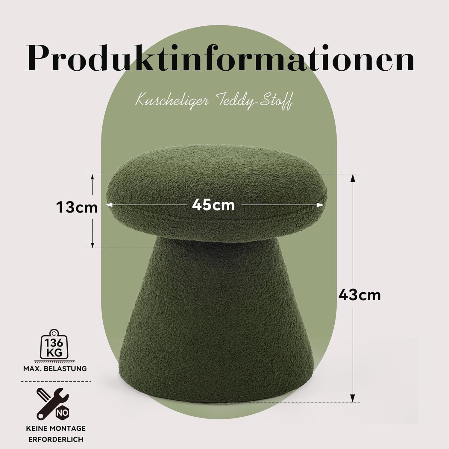 DEKKETO Hocker 360° Drehbarer Teddy-Pilz-Hocker als Schminktischhocker & Fußhocker (1 St), Bequemer Polsterhocker für Schlafzimmer, Ankleidezimmer & Wohnzimmer – Bild 2 von 5