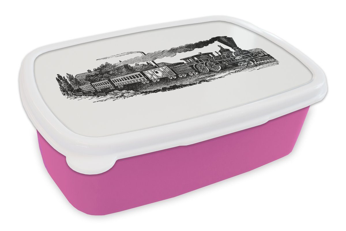 Lunchbox Zug - Brotbox Vintage Dampfzug, Erwachsene, (2-tlg), Kunststoff Kinder, Snackbox, rosa für Mädchen, - MuchoWow Brotdose Kunststoff,