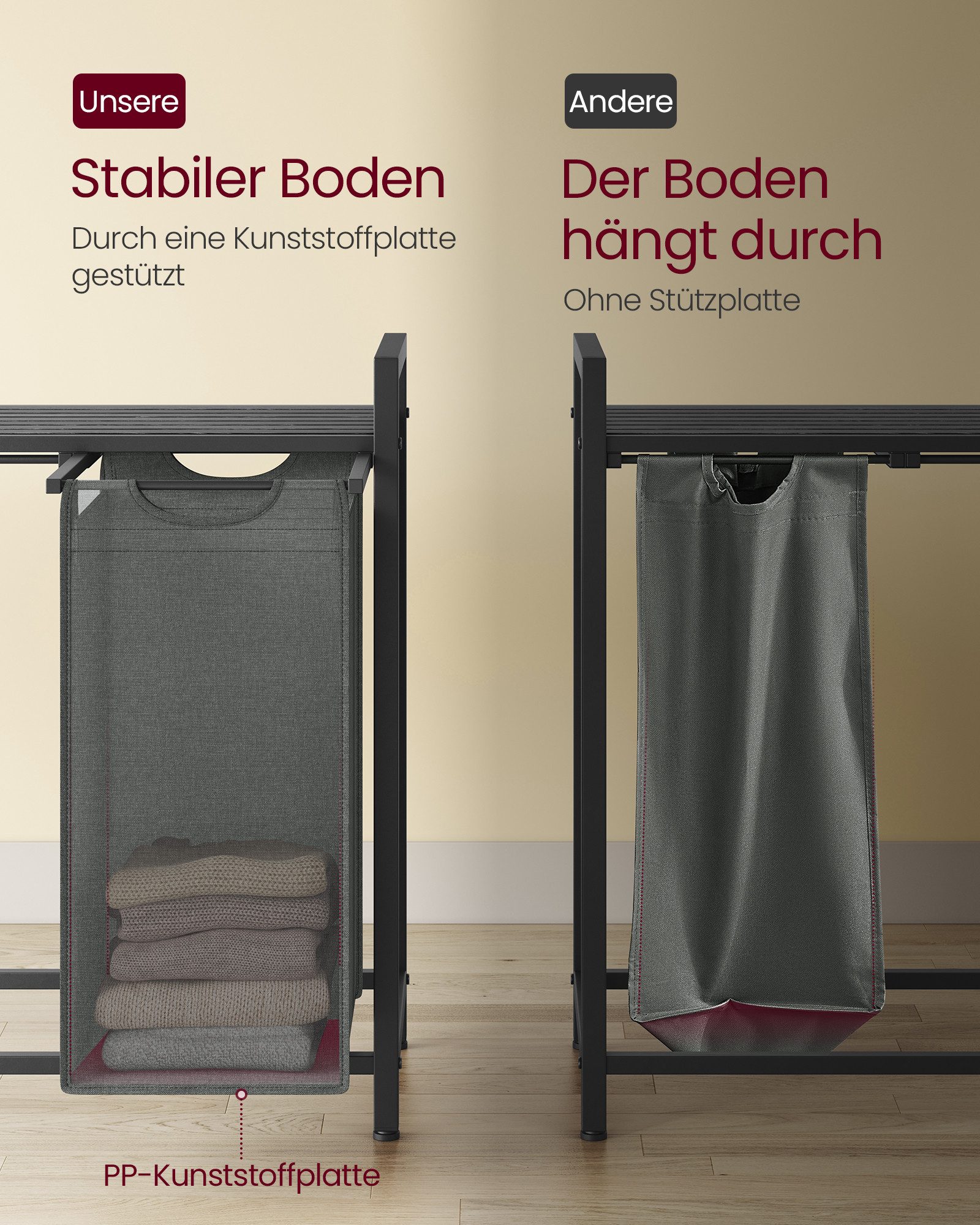 VASAGLE Wäschekorb Wäschesammler mit Ablage, Wäschesack aus Oxford-Gewebe abnehmbar, Wäschebox, Metallrahmen, 4 Fächer, 4 x 40 L, 116 x 33 x 72 cm – Bild 4 von 5