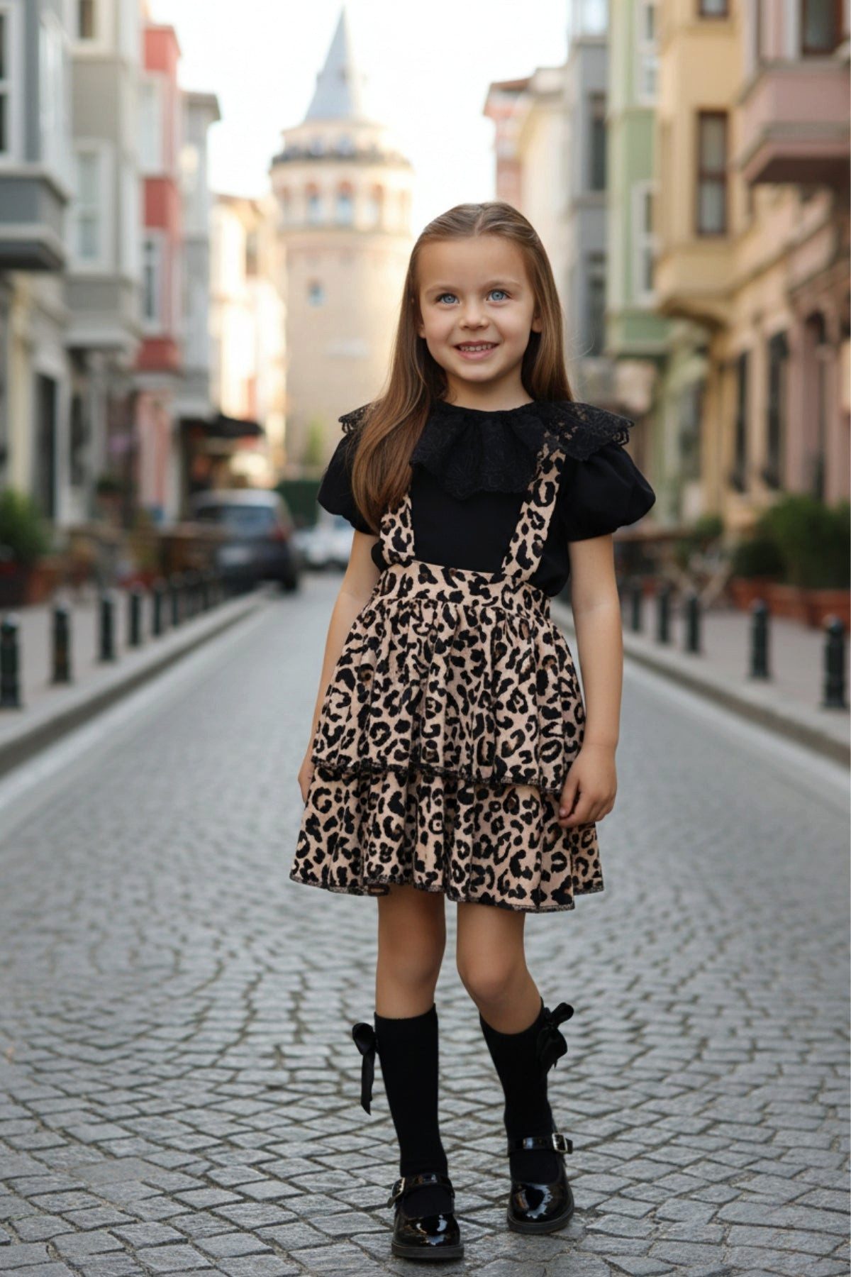 Parla Kids Shirt & Rock Kleid im Leopardenmuster und kurzarm Oberteil mit Spitzendetails