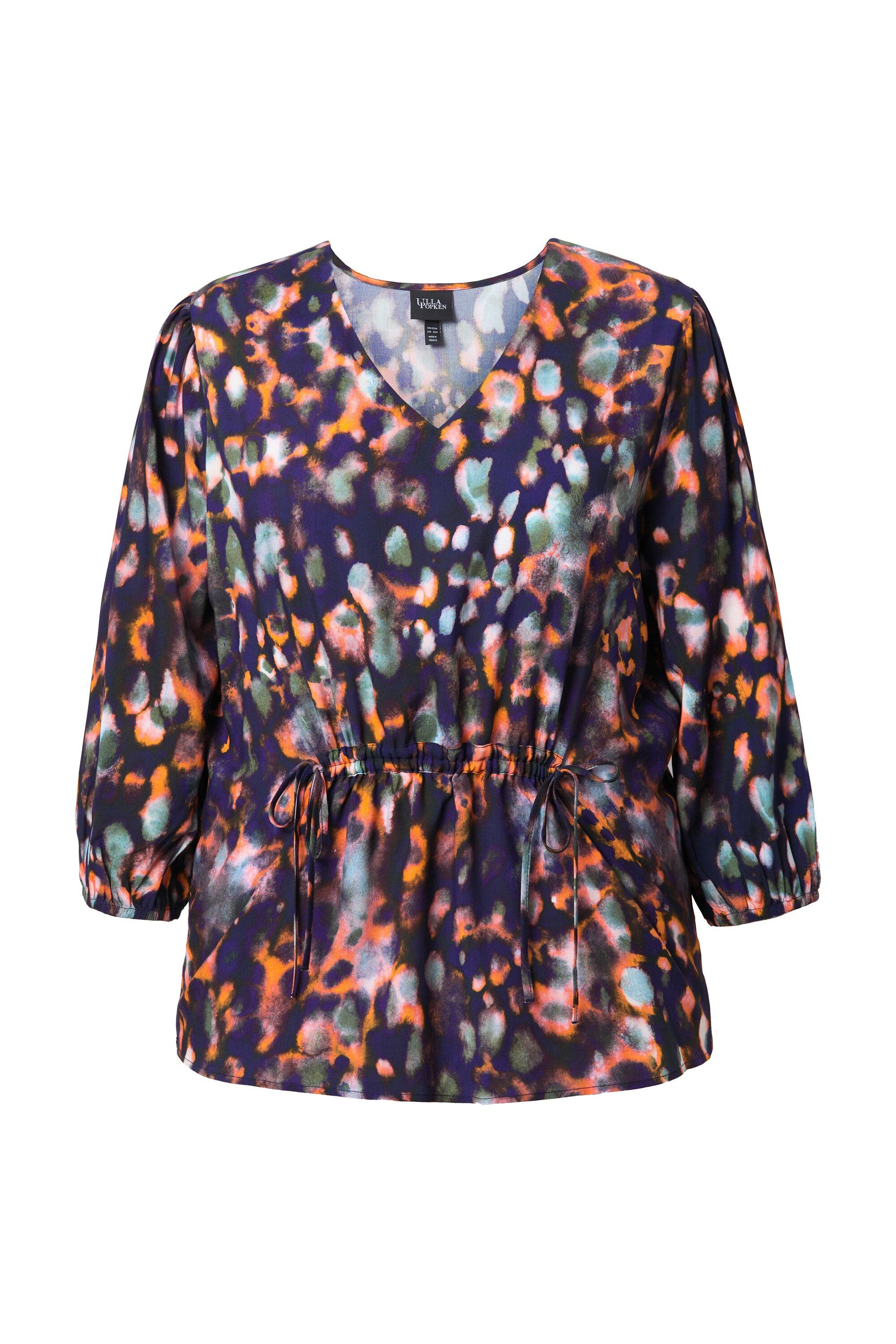 Ulla Popken Longbluse Bluse gemustert Raffband V-Ausschnitt 3/4-Arm günstig online kaufen