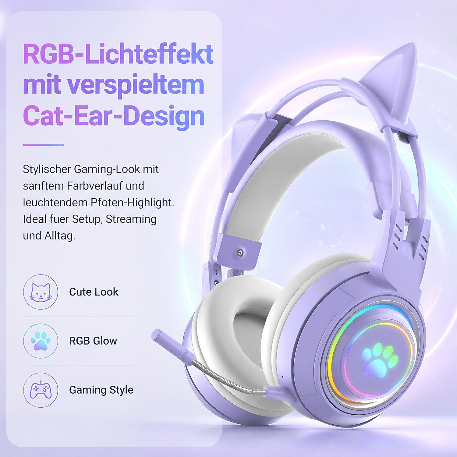 AIMAX Kabelloser Over-Ear-Kopfhörer RGB mit Mikrofon und Noise-Cancelling Bluetooth-Kopfhörer (Gaming-Headset mit Katzenohren und Hirschohren abnehmbaren für Kinder, mit 50 mm Treiber, Musik/Gaming-Modus, für PC, PS, Xbox, Laptop, Geschenke für Erwachsene, Freundin, Partner, Gamer)
