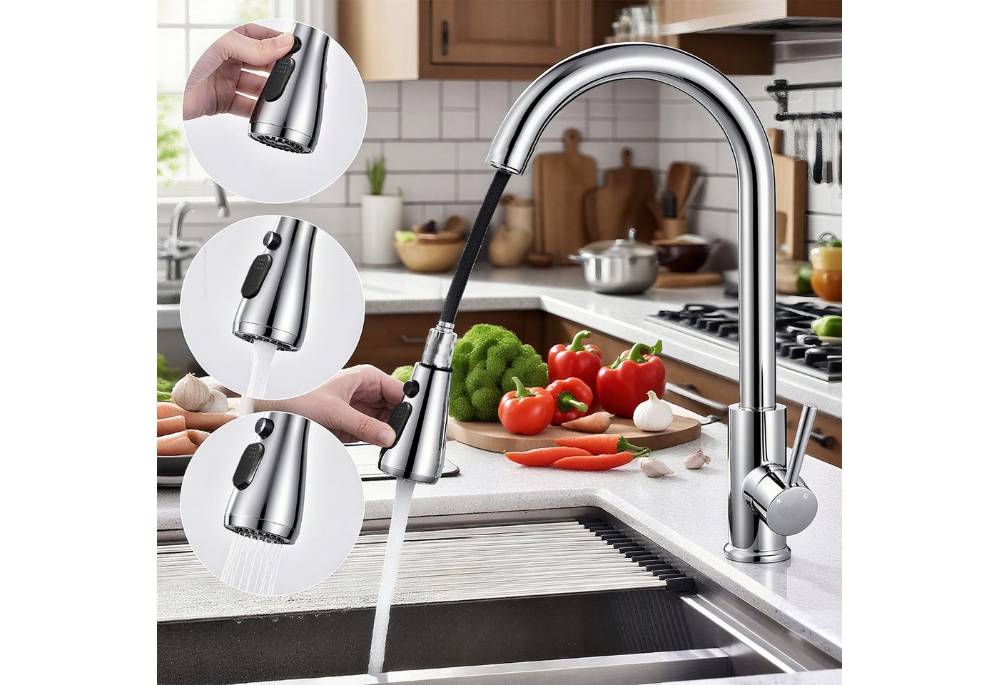 Duschparadies Küchenarmatur Wasserhahn Küche mit Ausziehfunktion, Hochdruck und 360° Drehkopf Edelstahl-Armatur als Einhebel-Mischbatterie mit praktischer Brause
