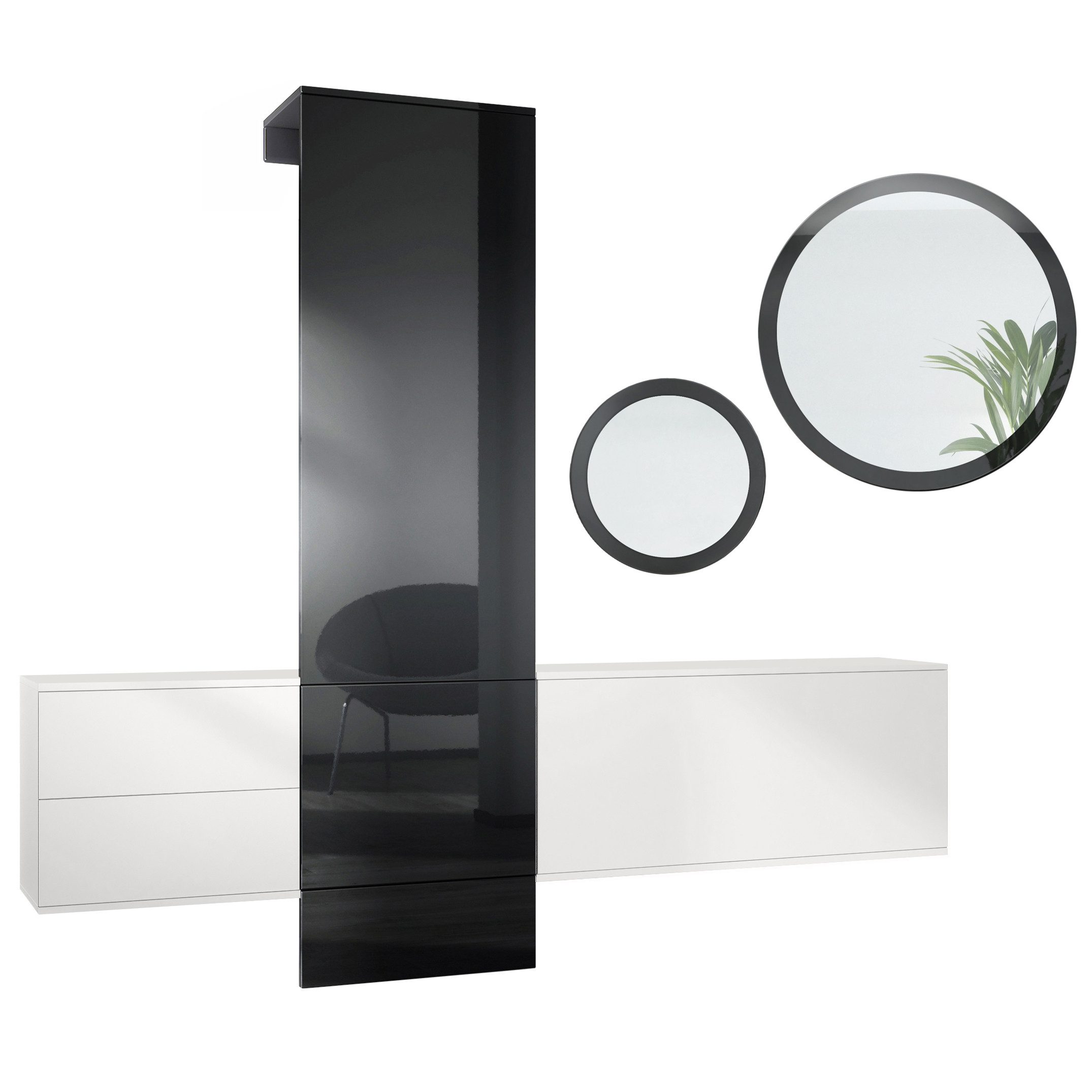Vladon Garderoben-Set DualVista, (Garderoben-Set, bestehend aus 1 Garderobenpaneel, 2 Schrank Elementen und 2 Spiegel), Weiß matt/Schwarz Hochglanz