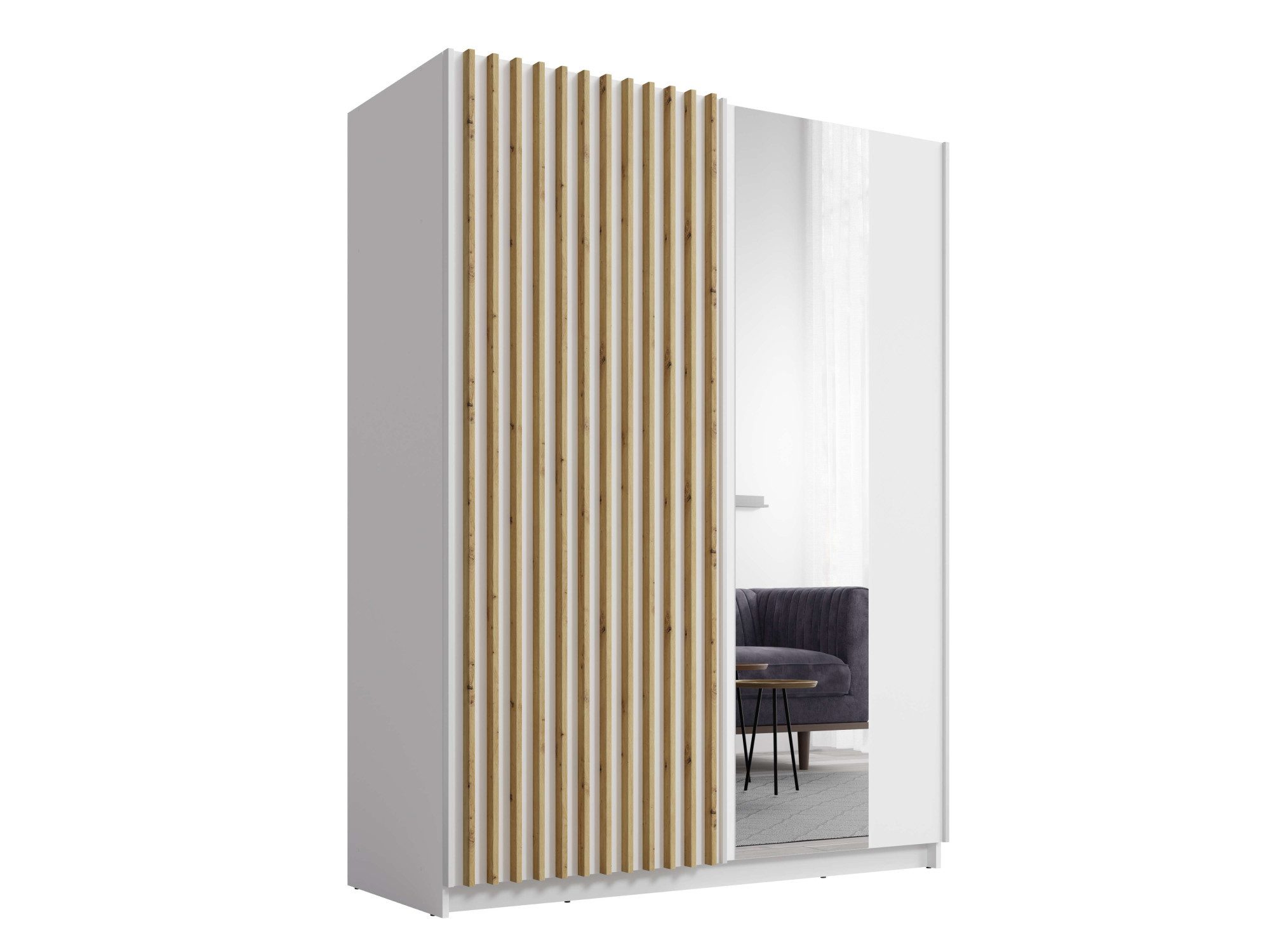 Home affaire Kleiderschrank Kleiderschrank Camden mit Spiegel, 4 Einlegeböden und Kleiderstange Garderobe mit 2 Schwebetüren und Lamellen, BxHxT 150,5x198,5x61, – Bild 2 von 5