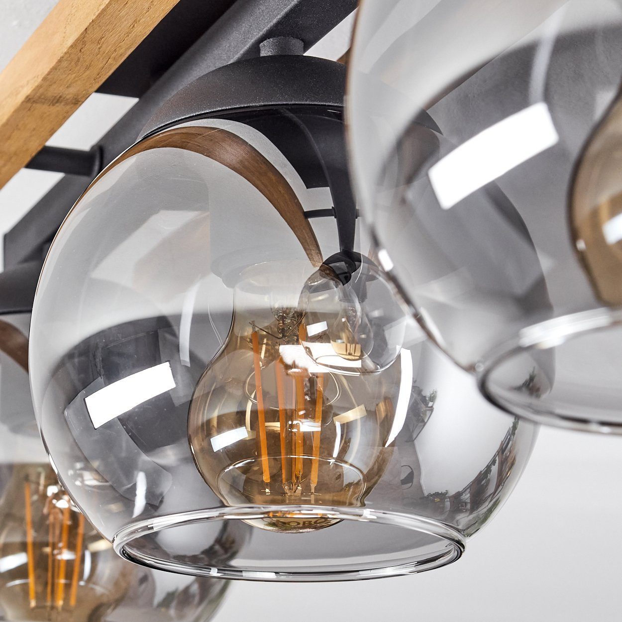 x Metall/Holz/Glas Deckenleuchte hofstein (15 mit Glas aus 3 cm), Leuchtmittel, aus Leuchte ohne E27 Schirmen in Schwarz/Natur/Rauchfarben, Deckenlampe