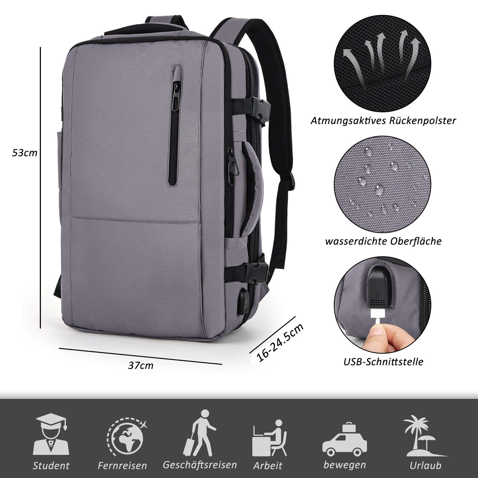 TAN.TOMI Reiserucksack 30-50L Großer Handgepäck Rucksack Erweiterbarer Reiserucksack, Großer wasserdichtes Kabinenrucksack, Diebstahlschutz Handgepäck