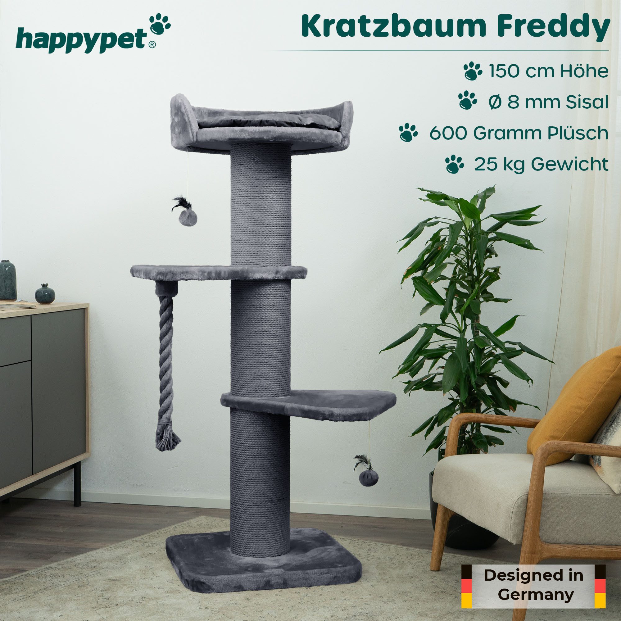 Happypet Kratzbaum FREDDY, Katzenbaum 'Freddy', Gesamthöhe 150 cm, mit Spielseil und Spielball