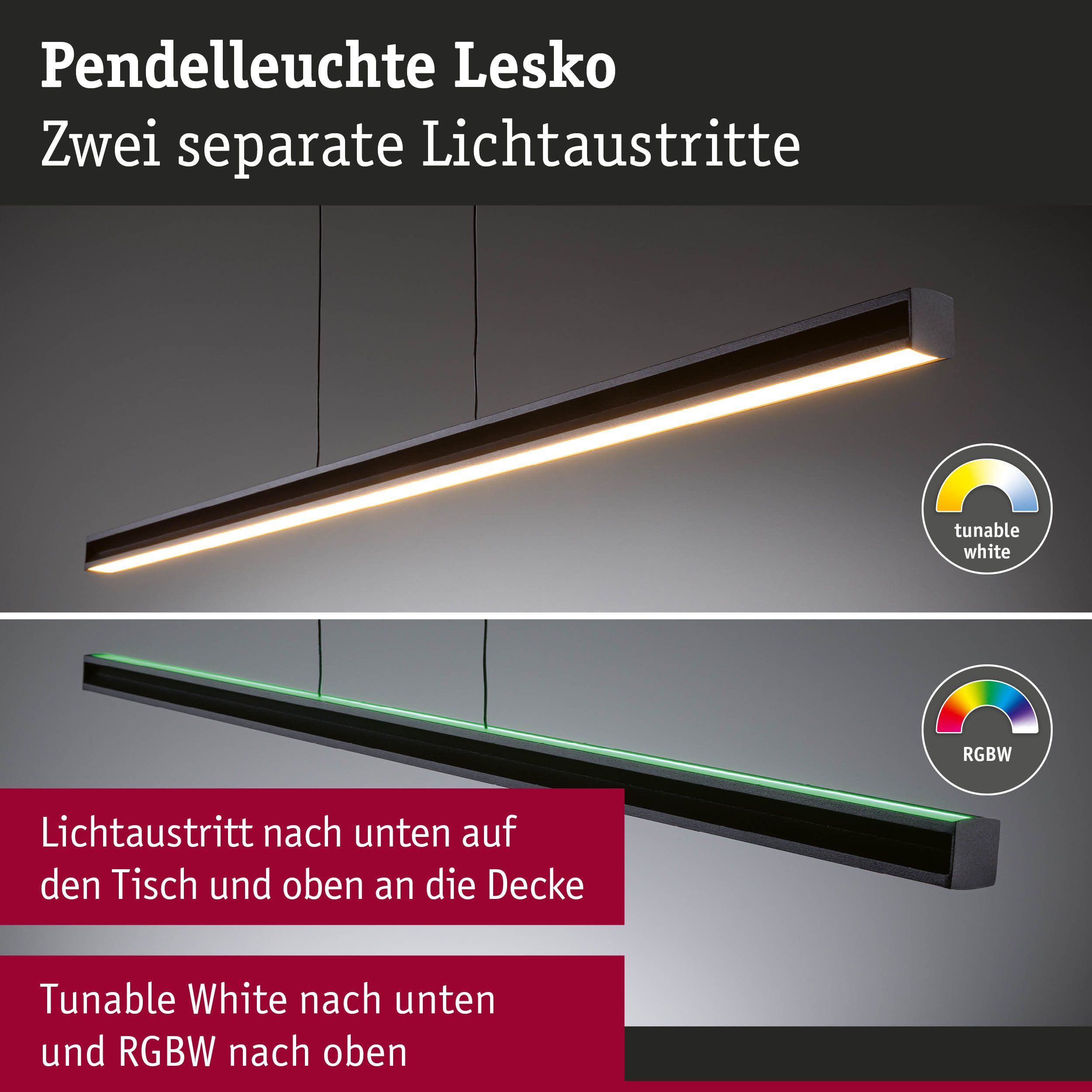 Paulmann LED Pendelleuchte LED Pendelleuchte Lesko RGBW+ dimmbar 1400lm / 120lm 19W / 3W Schwarz – Bild 5 von 5
