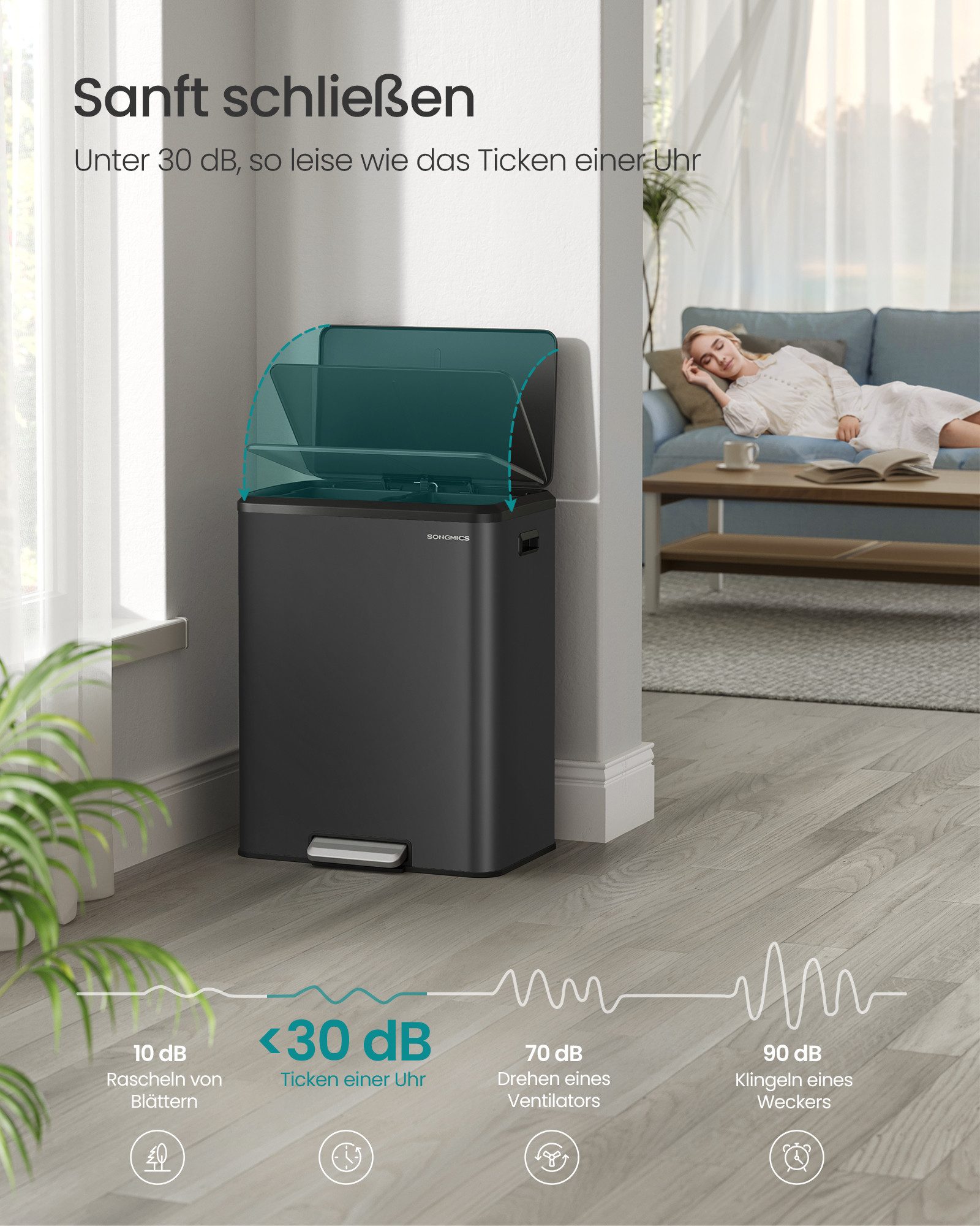 SONGMICS Mülleimer Küche, Mülltrennsystem, 2 x 30 L, 2 Fächer, Abfalleimer, Inneneimer, Stahl/Edelstahl
