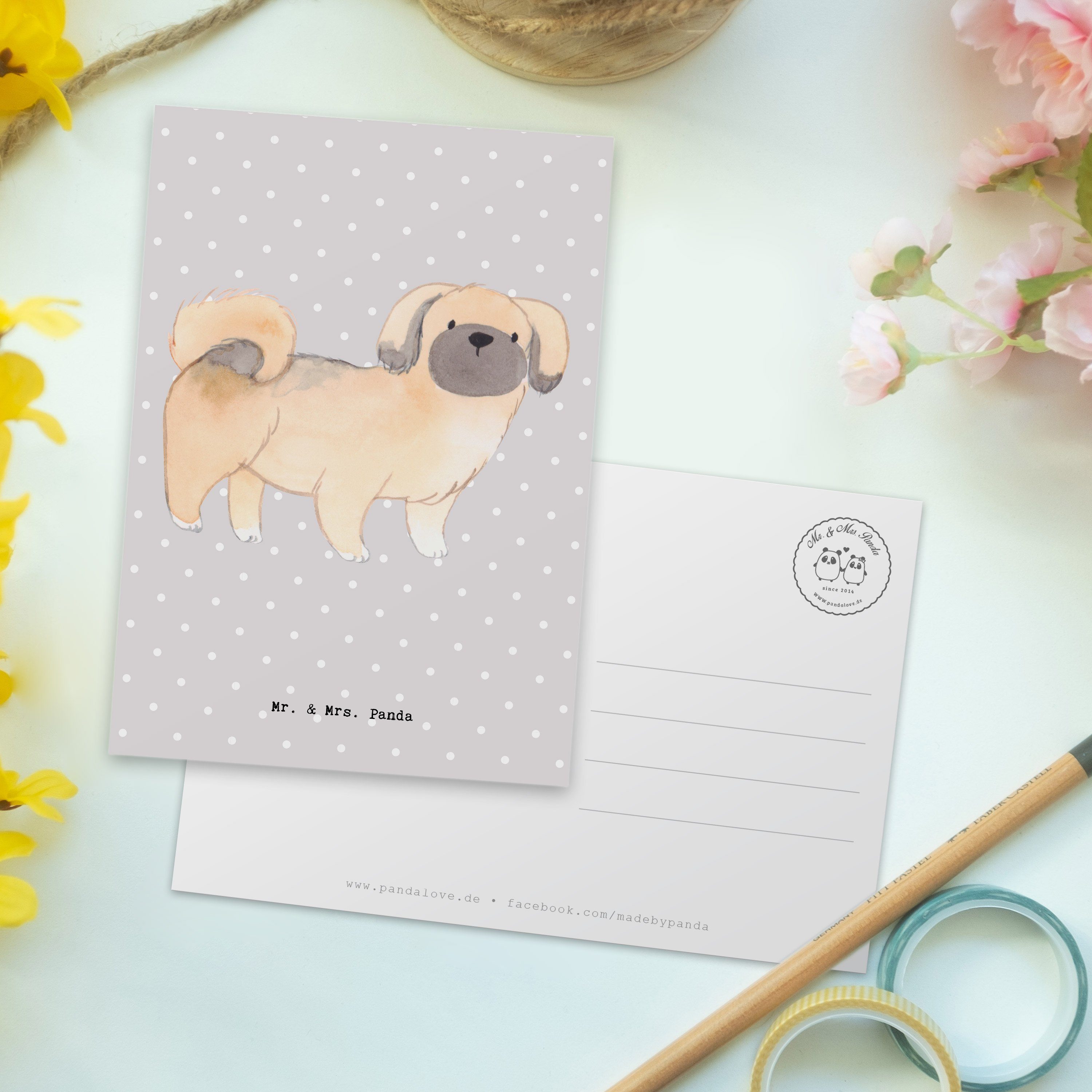 Mrs. Geschenk, Grau Postkarte Pastell Moment & Dankeskarte, Pekingese - Gesche - Mr. Panda Hund,