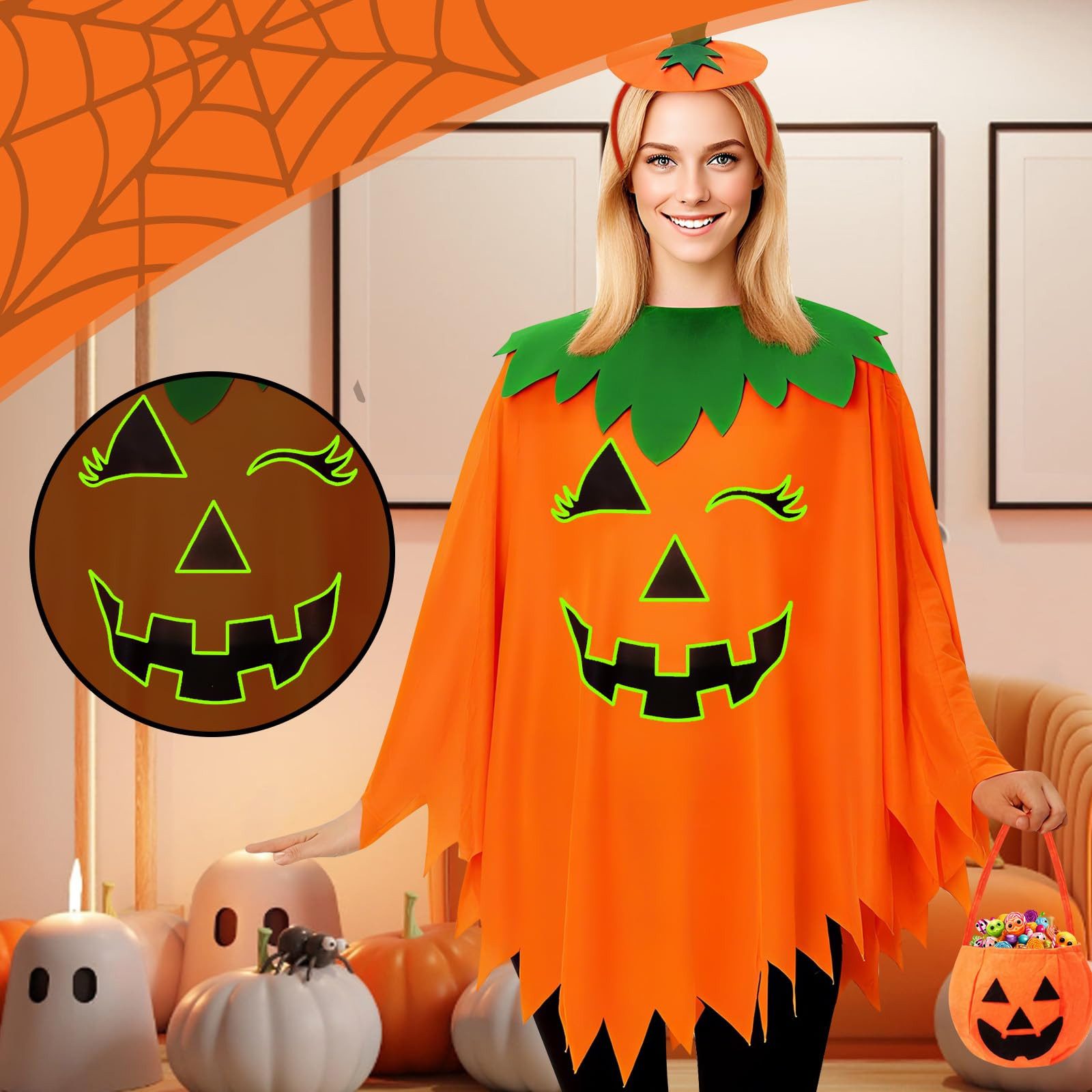 Sorvyzxn Kostüm Halloween-Kürbiskostüm für Damen, 3-teiliges Set für Kostümpartys, Im Dunkeln leuchtender Kürbis-Poncho mit Haarreif und Tasche