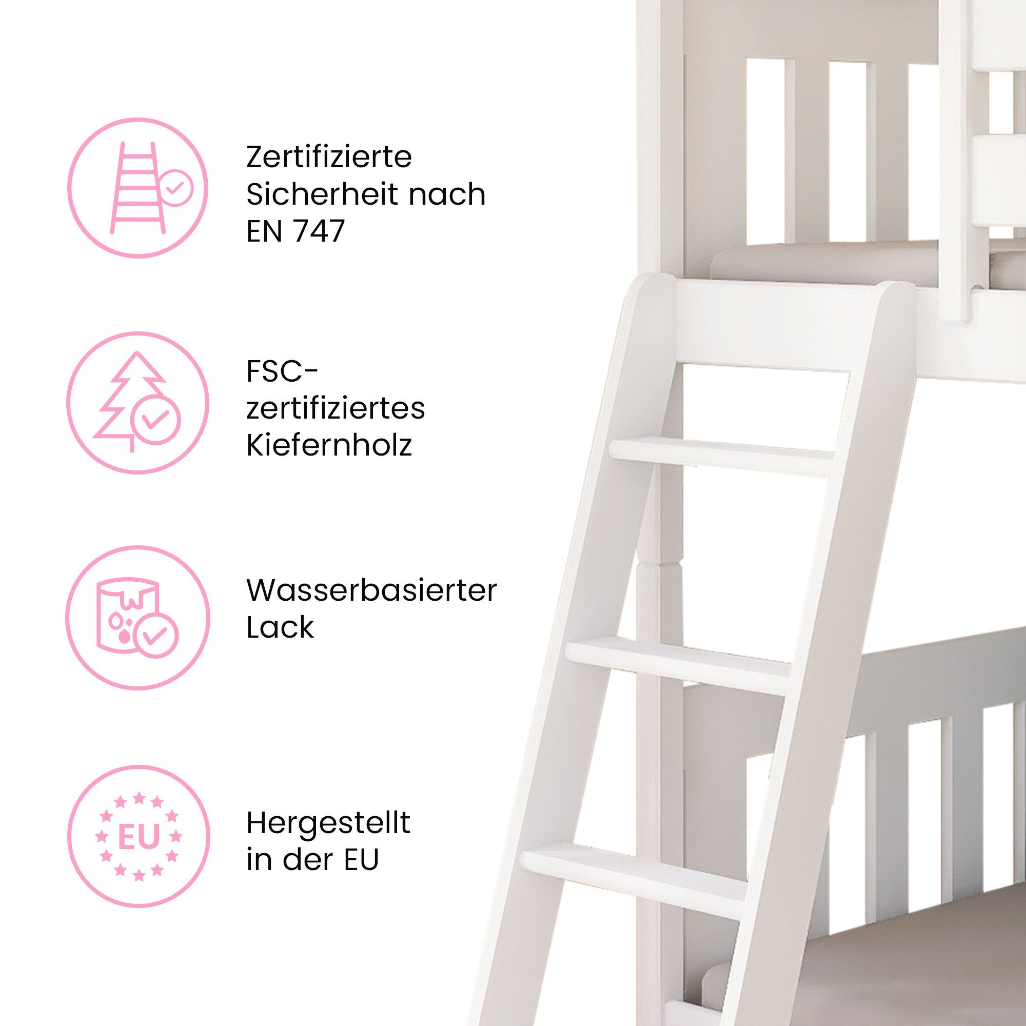 Kids Collective Bunk Bed, Loft Bed, Children's Bed 90x200 cm with Safety Rail & Slatted Base, Bed for Girls & Boys 90x200 cm, Solid Pine Wood, White