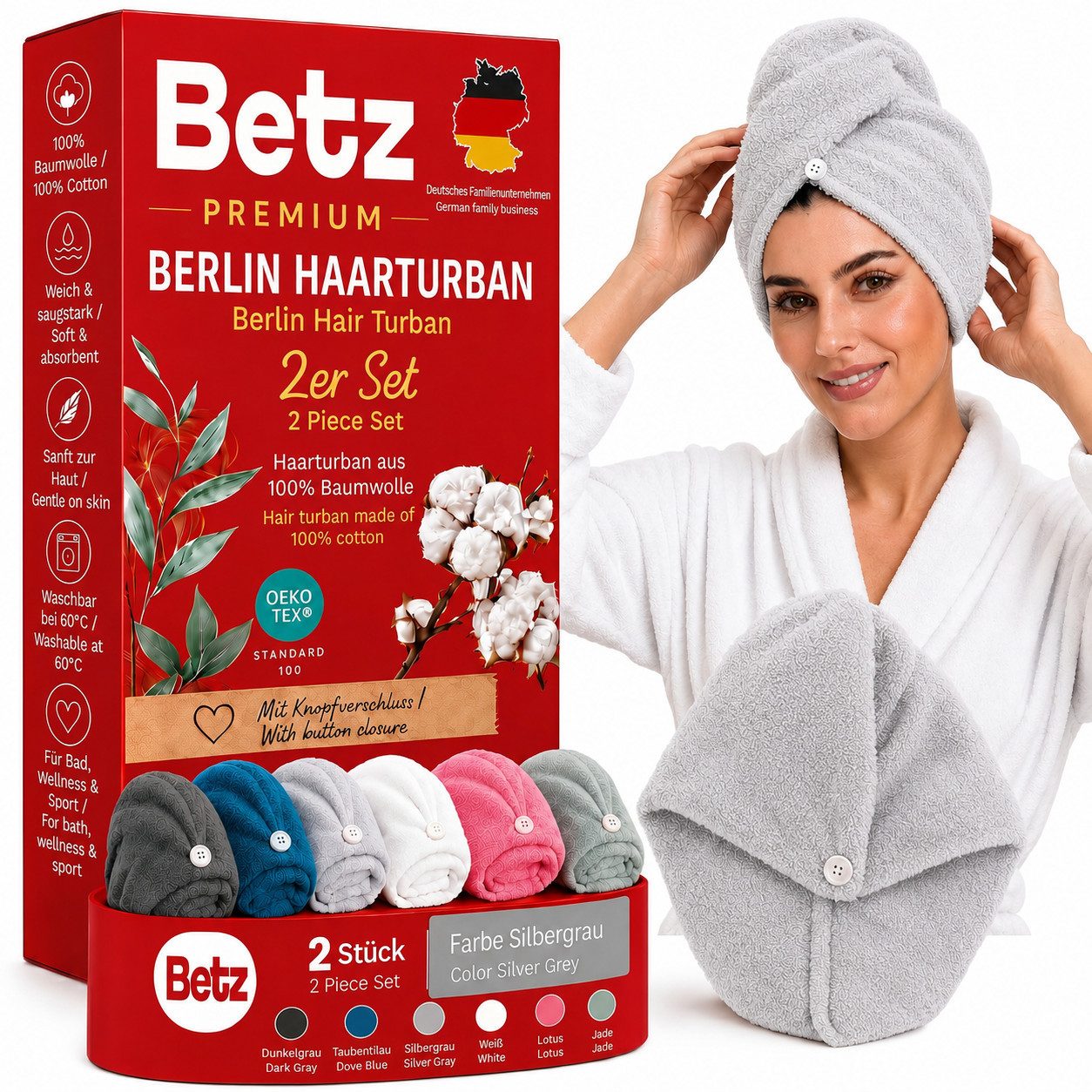 Betz Turban-Handtuch mit Knopf BERLIN Kopfhandtuch Haarturban, (2-St), mit Knopfverschluss