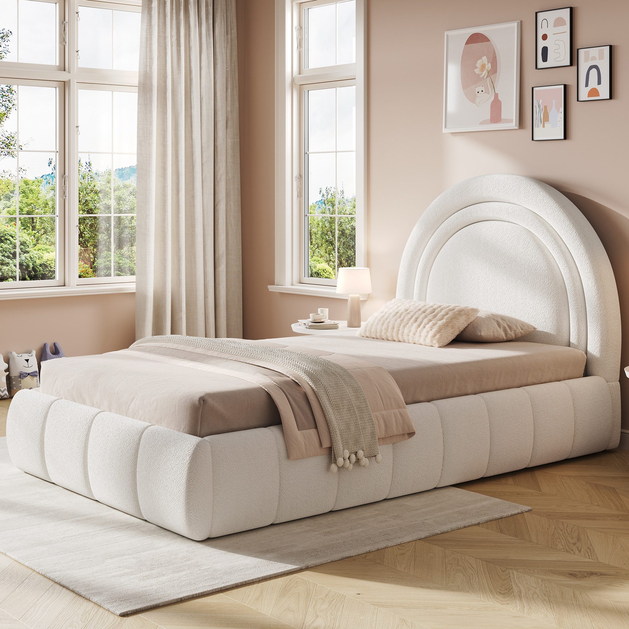 HAUSS SPOLE Polsterbett Polsterbett 90x200 Bettkasten,Funktionsbett mit Matratze,Bouclé,Beige (Märchenhaftes Kinderbett mit gepolstertem Kopfteil), Stauraumbett ohne Matratze