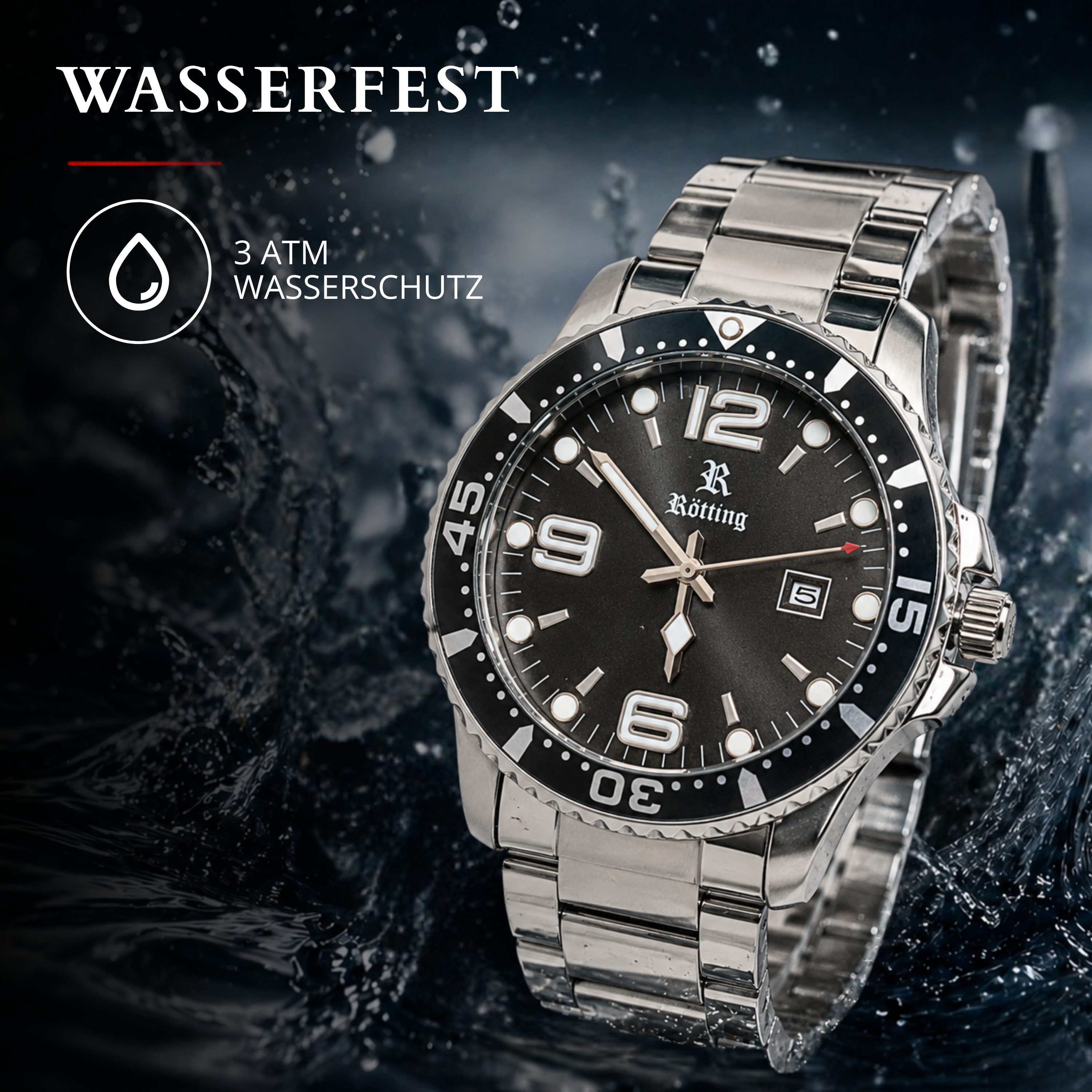 Rötting Design Quarzuhr Herren - Edelstahlarmband - Herrenuhr - schwarzes Zifferblatt, Gehäuse und Armband IP beschichtet, einseitig drehbare Lünette – Bild 4 von 5