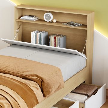 Flieks Kinderbett, Einzelbett Kopfteil mit Klappenablage und 4 Schubladen 90x200cm