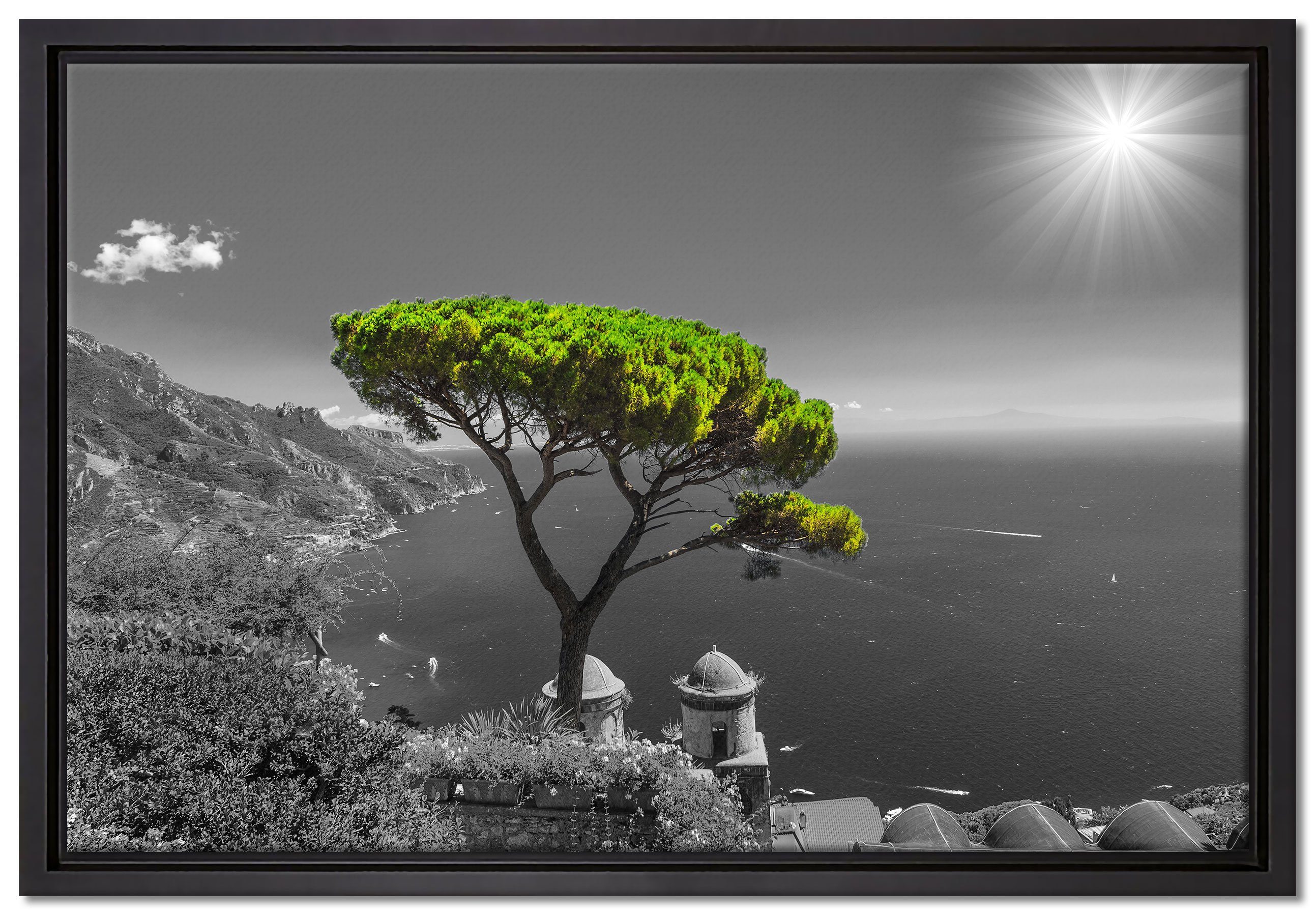 Pixxprint Leinwandbild Baum am Mittelmeer, Wanddekoration (1 St), Leinwandbild fertig bespannt, in einem Schattenfugen-Bilderrahmen gefasst, inkl. Zackenaufhänger
