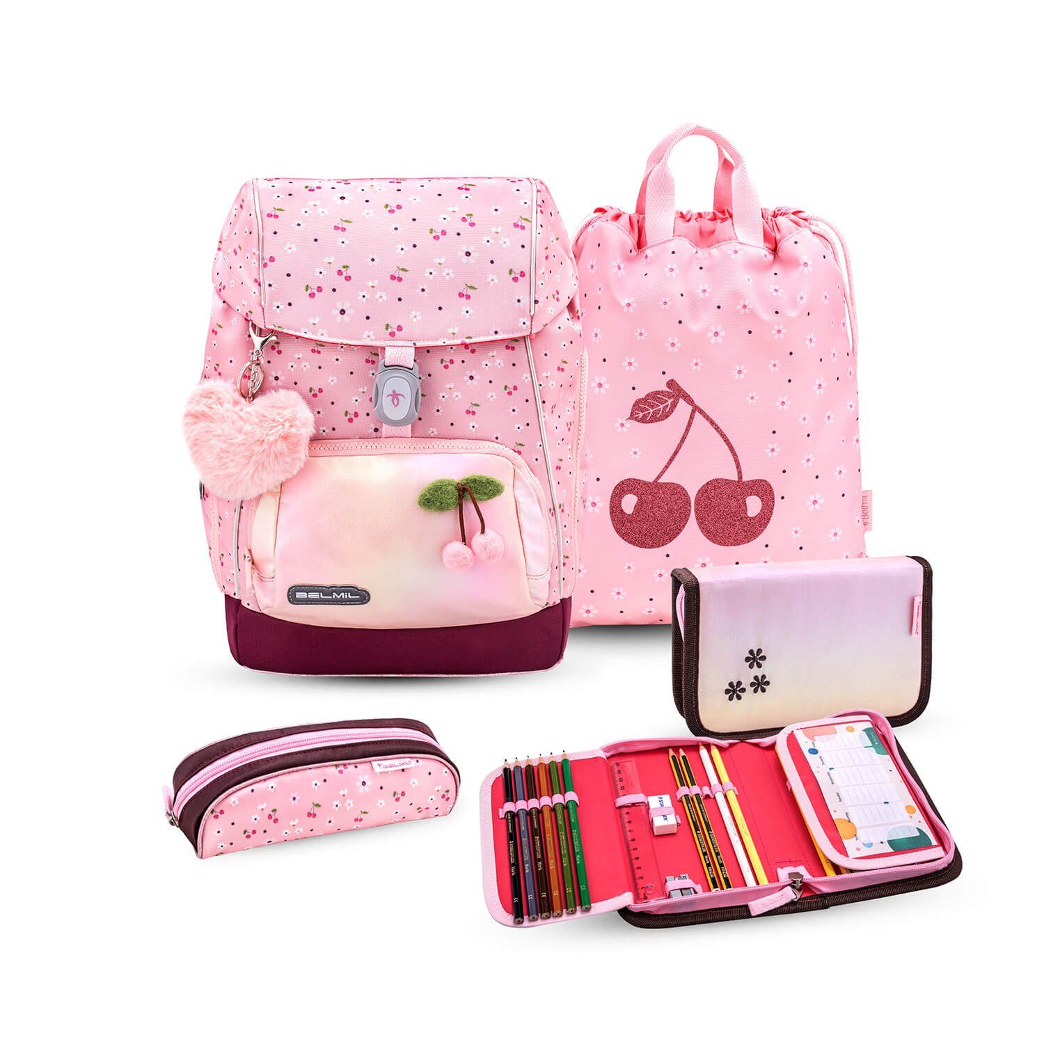 Belmil Rucksack Rucksack Comfy Plus Premium Schulranzen Set 4-teilig Cherry Blossom