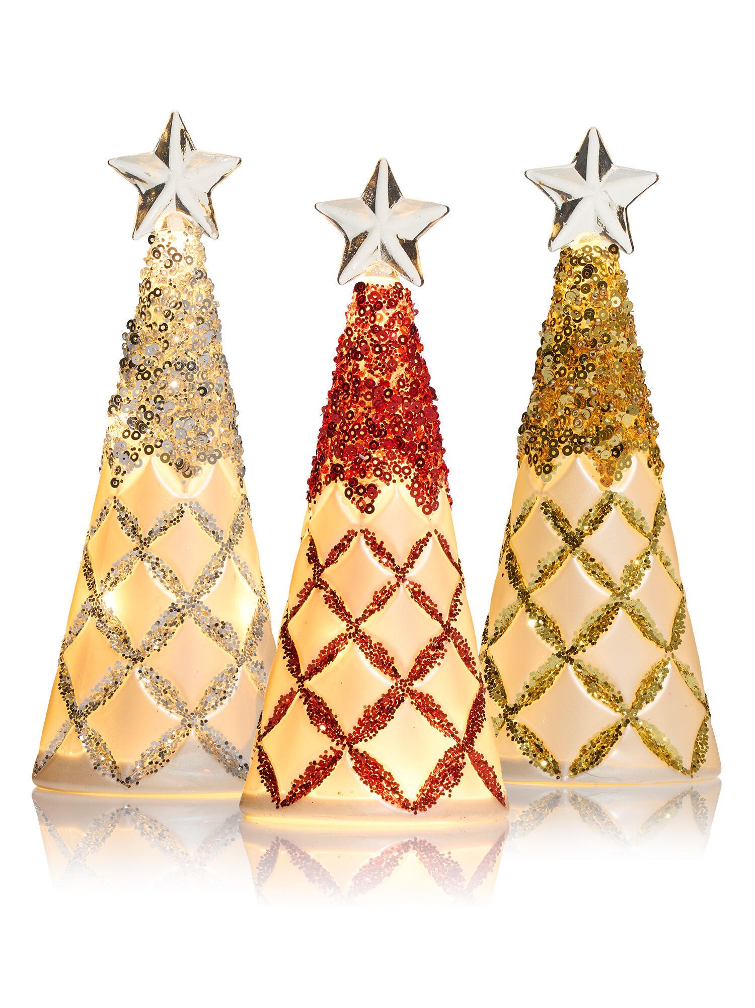 Dekorieren macht glücklich Weihnachtsfigur LED beleuchtete Tannenbäume mit Pailletten (3er-Set), LED-Beleuchtung; Mit 6h-Timerfunktion