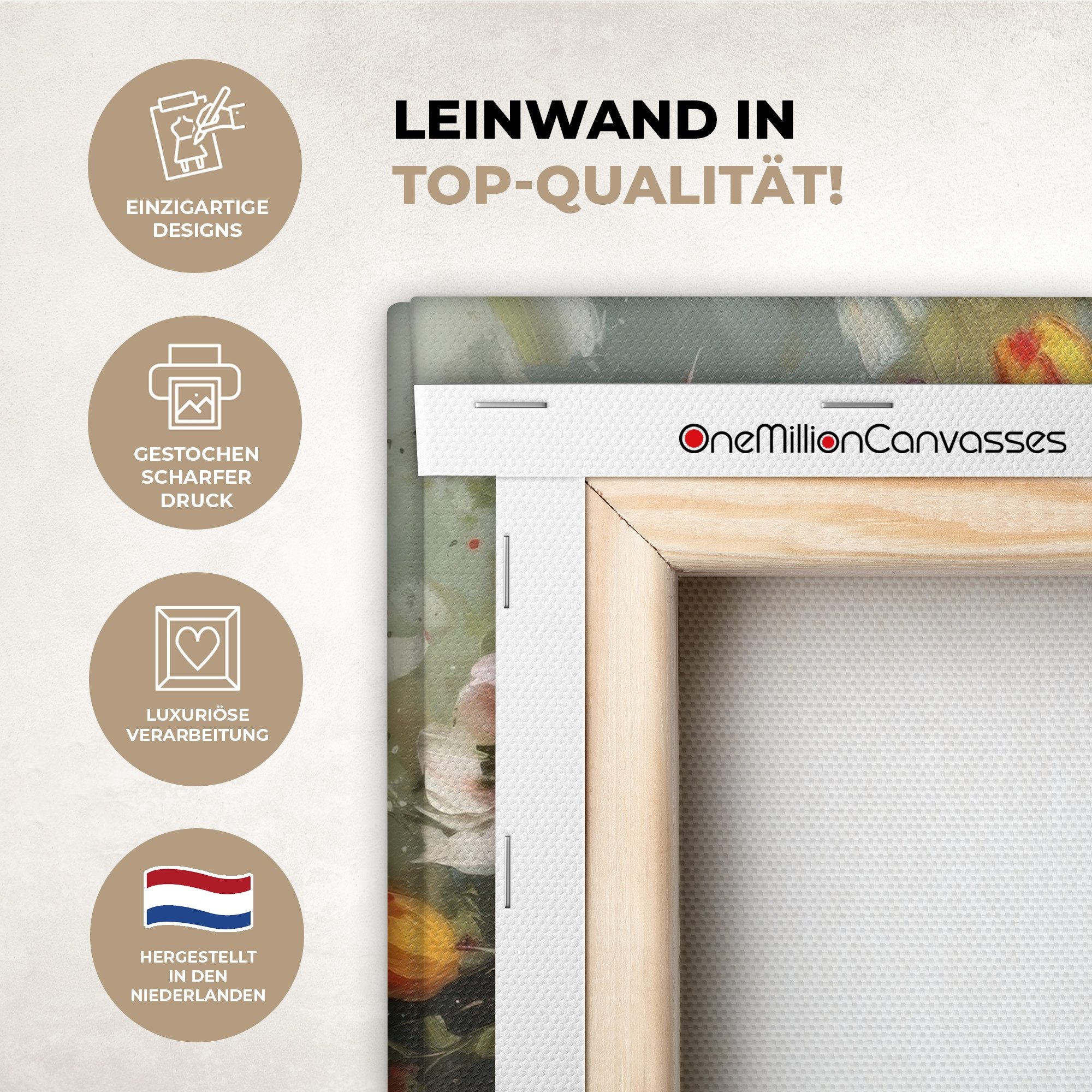 OneMillionCanvasses® Leinwandbild Fröhliches Bouquet - Dynamisch - Subtile Farbtupfer, Fotodruck (1 St), Leinwand Bilder Klein, Wand Dekoration Aesthetic 30x20 cm
