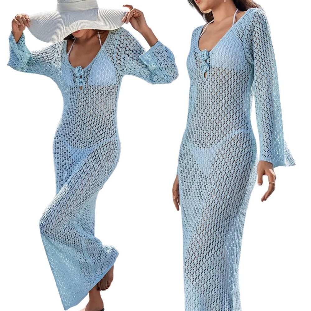 MOPUEA Strandkleid Langes Häkel-Strandkleid mit V-Ausschnitt Rückenausschnitt für Damen (1-tlg)