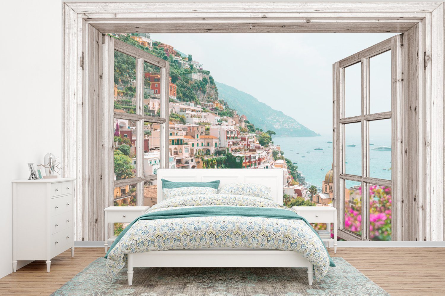 MuchoWow Fototapete Ausblick - Italien - Blumen - Meer - Küste - Stadt - Berge, Matt, bedruckt, (6 St), Wallpaper für Wohnzimmer, Schlafzimmer, Kinderzimmer, Vinyl Tapete