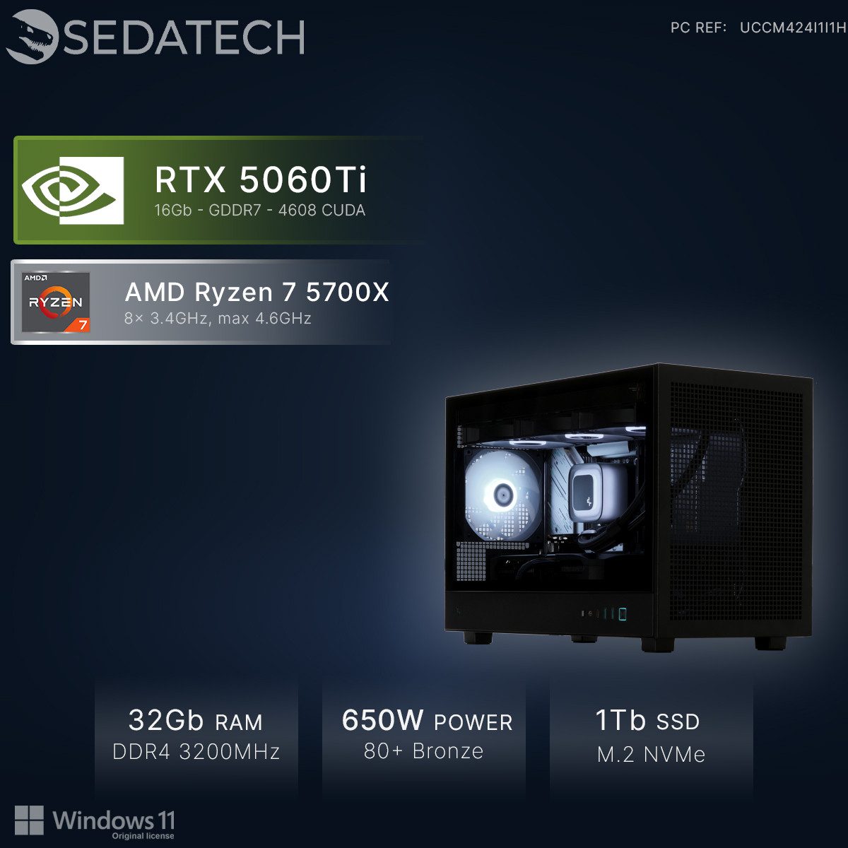 Sedatech UCCM424I1I1HF - Watercooling Gaming Gaming-PC (AMD Ryzen 7 5700X 8x 3.4GHz (max 4.6GHz), Geforce RTX5060Ti (16G) 16GB, 32 GB RAM, 1000 GB SSD, Watercooling, Wlan 4)