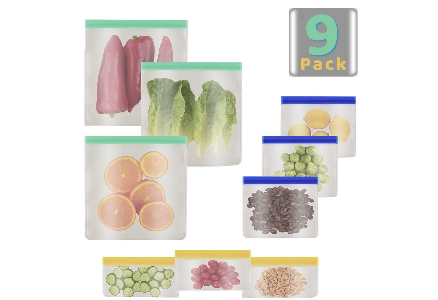 Dimono Gemüsebeutel DIMONO Silikon Vorratsbeutel 3er Set – Wiederverwendbare Beutel, Silikon in Lebensmittelqualität, (Launch Bag, 9-tlg), Lebensmittel- und Gefrierbeutel