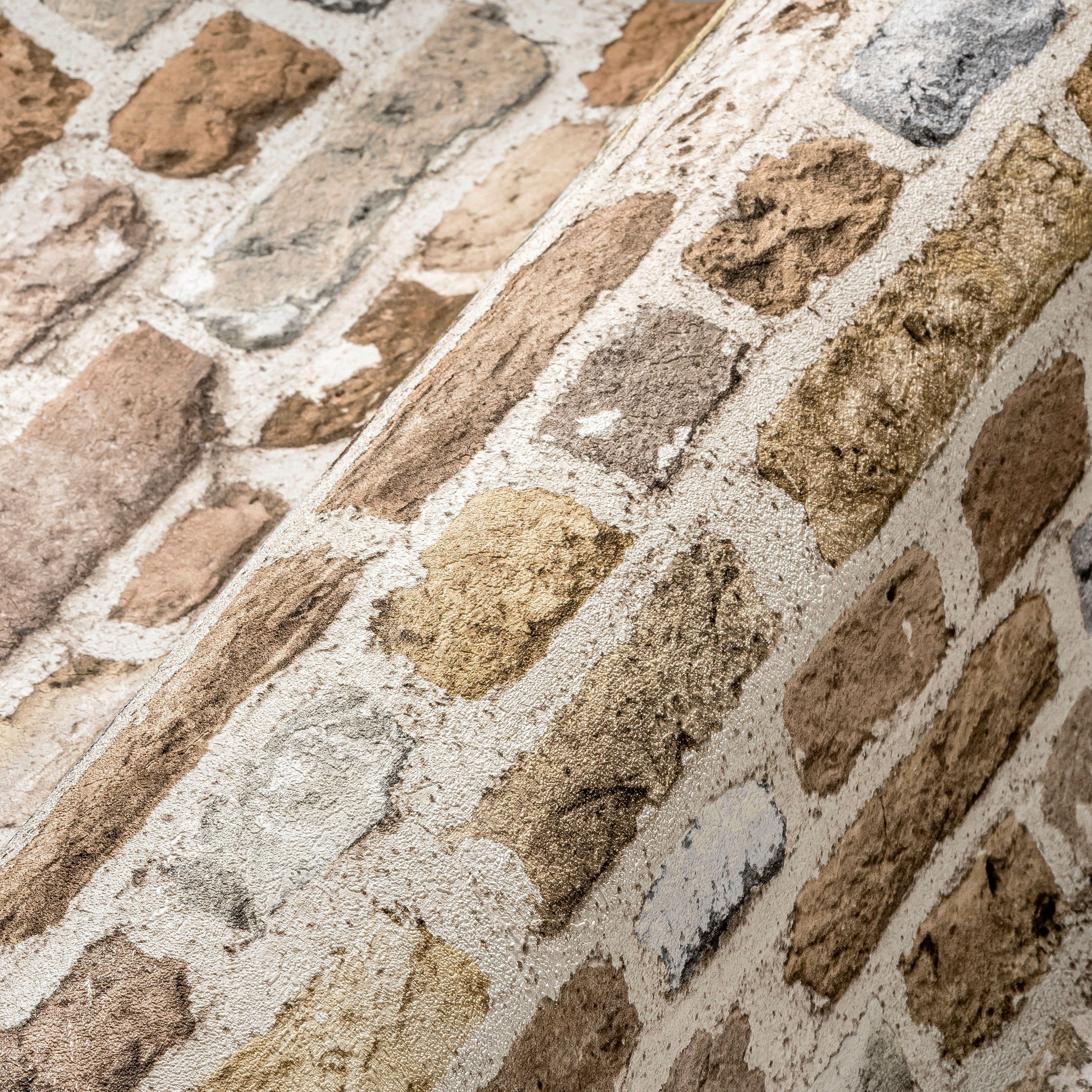 A.S. Création Vliestapete Bricks & Stones Backstein Steinoptik, leicht strukturiert, gemustert, matt, neutral, (1 St), Steintapete Backstein Tapete Tapeten Wohnzimmer Schlafzimmer Küche