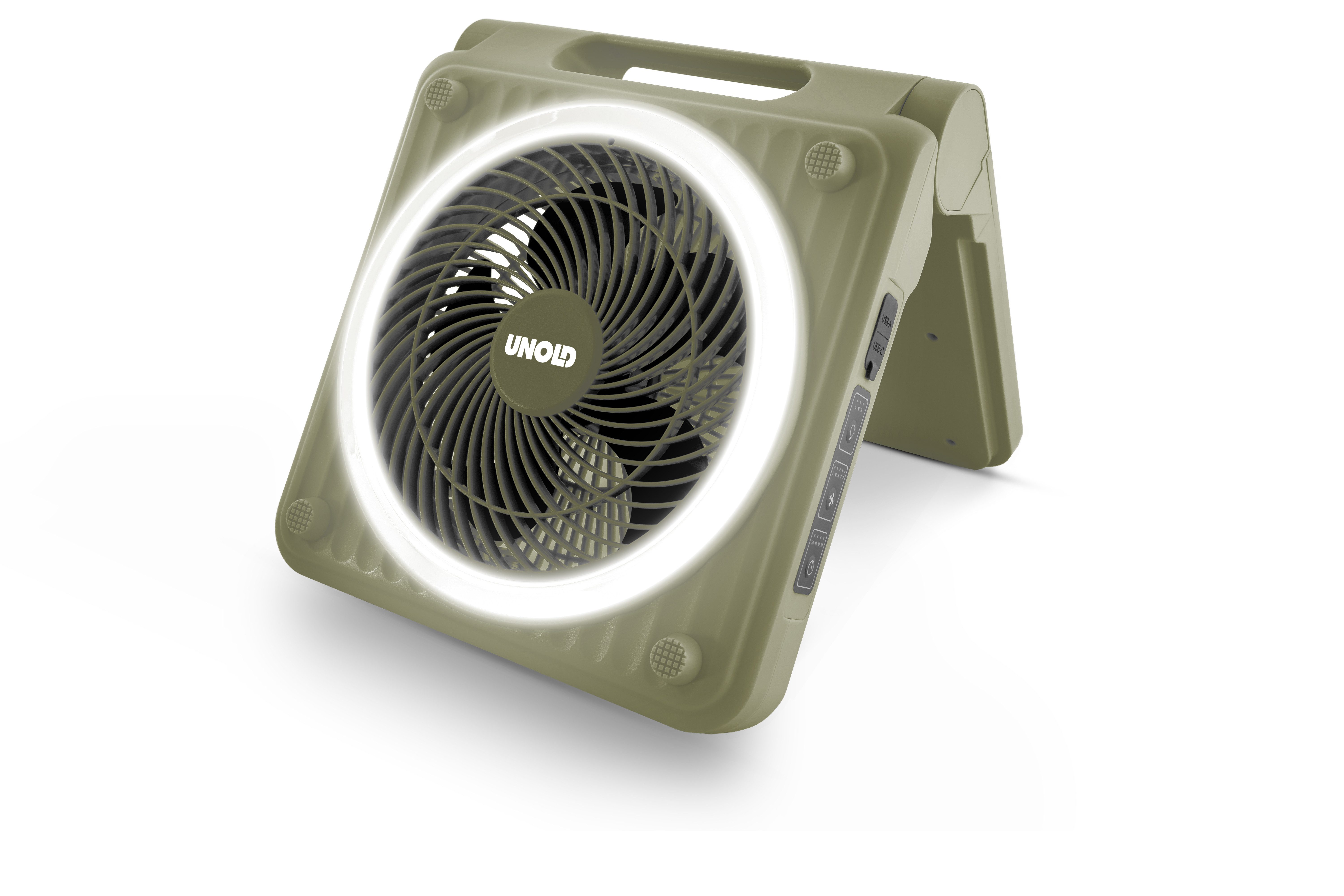 Unold Akku-Standventilator Solarventilator Camping, 5 Geschwindigkeitsstufen für drinnen und draußen Powerbank-Funktion