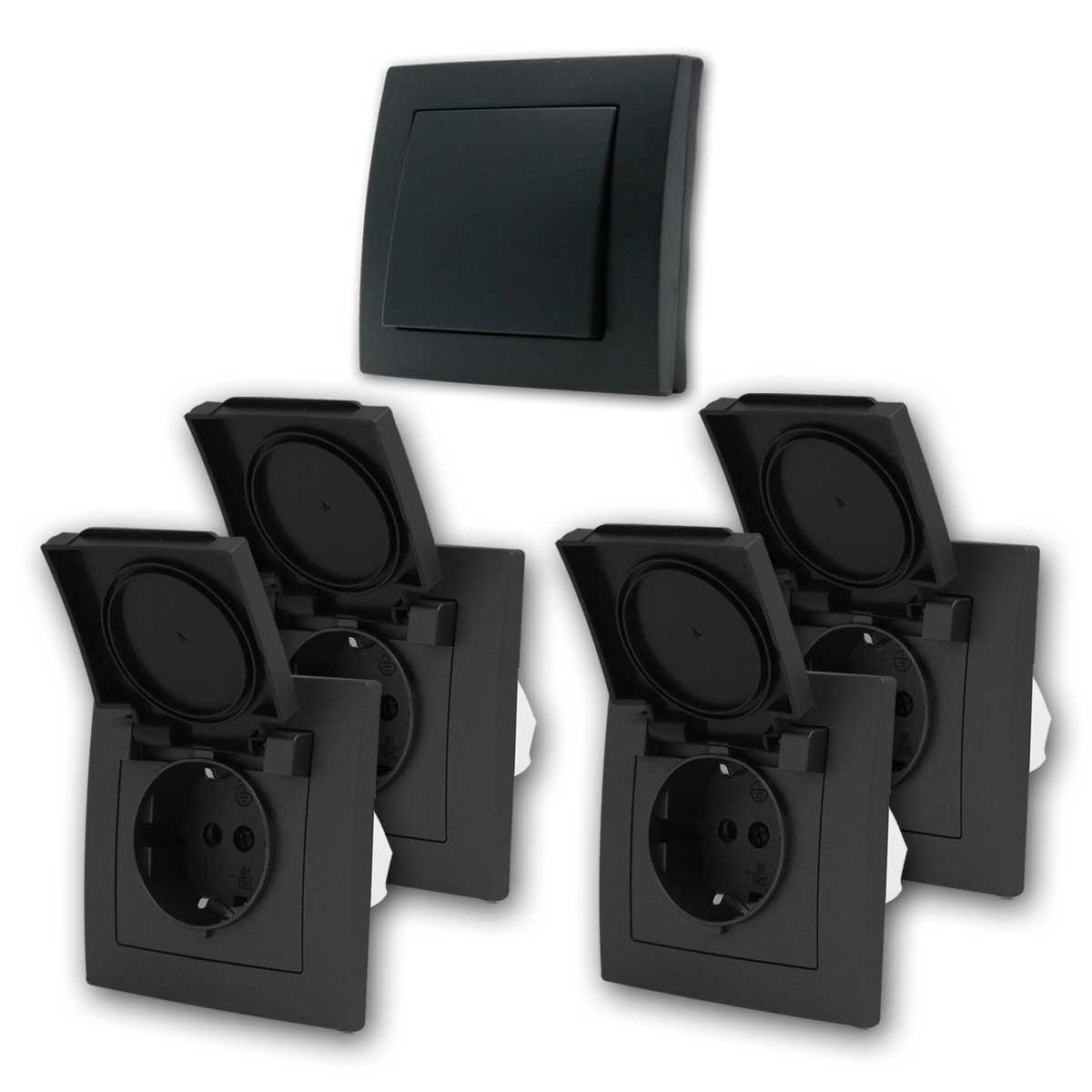 McPower FLAIR Set "Feuchtraum M", 5-teilig, schw, UP IP44 Unterputzschalter