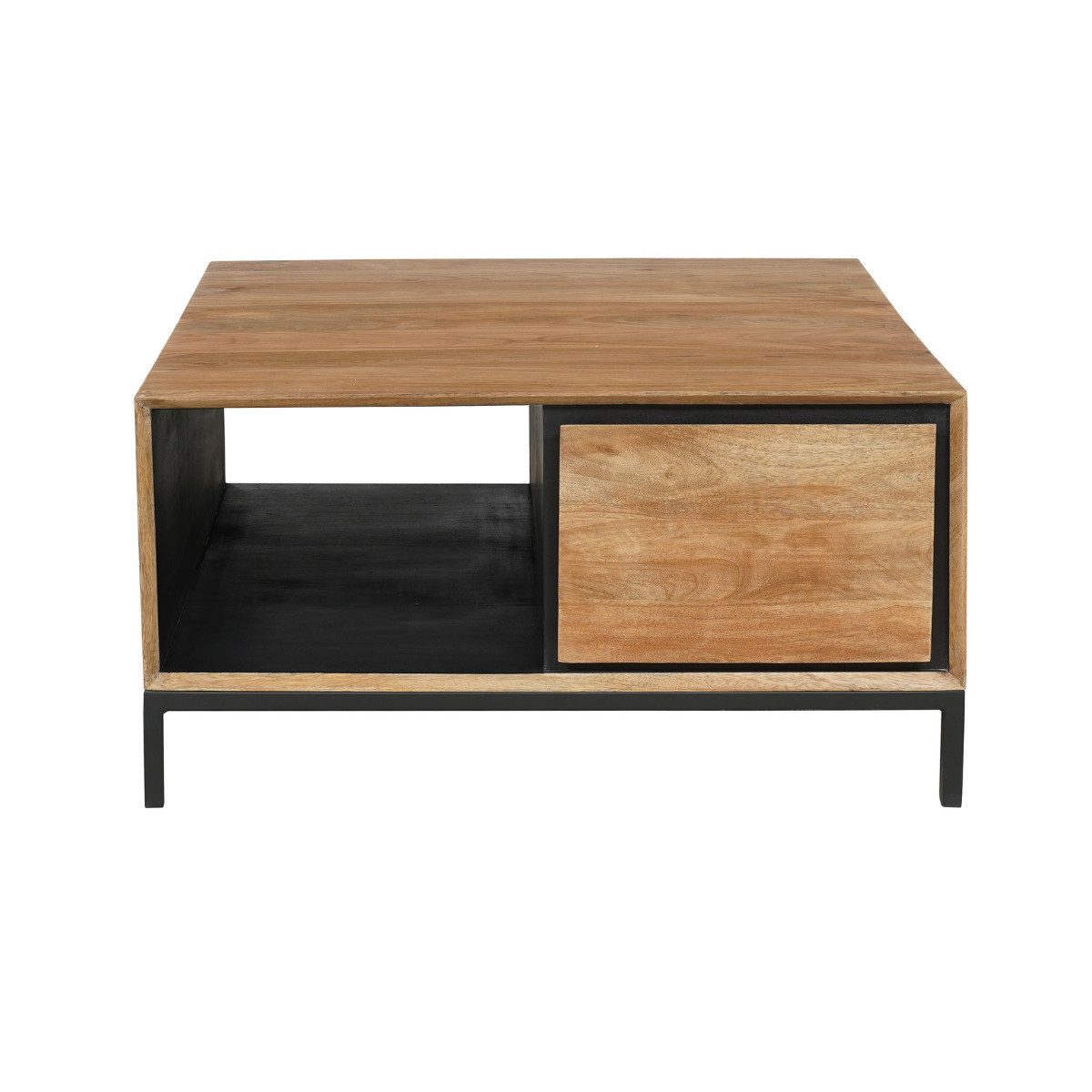 Villa Möbel Couchtisch Hardwood (Packung, 1-St., 1 St. Couchtisch), Mangoholz 80x80 mit 2 Schubladen, Fach und schwarzem Metallrahmen