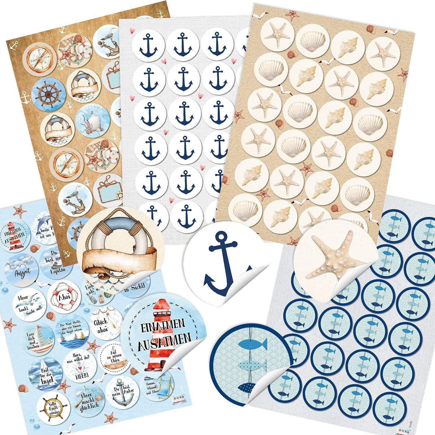 Logbuch-Verlag Aufkleber 120 Sticker Anker, Fische, Muscheln, Sprüche, (Set, 120tlg)