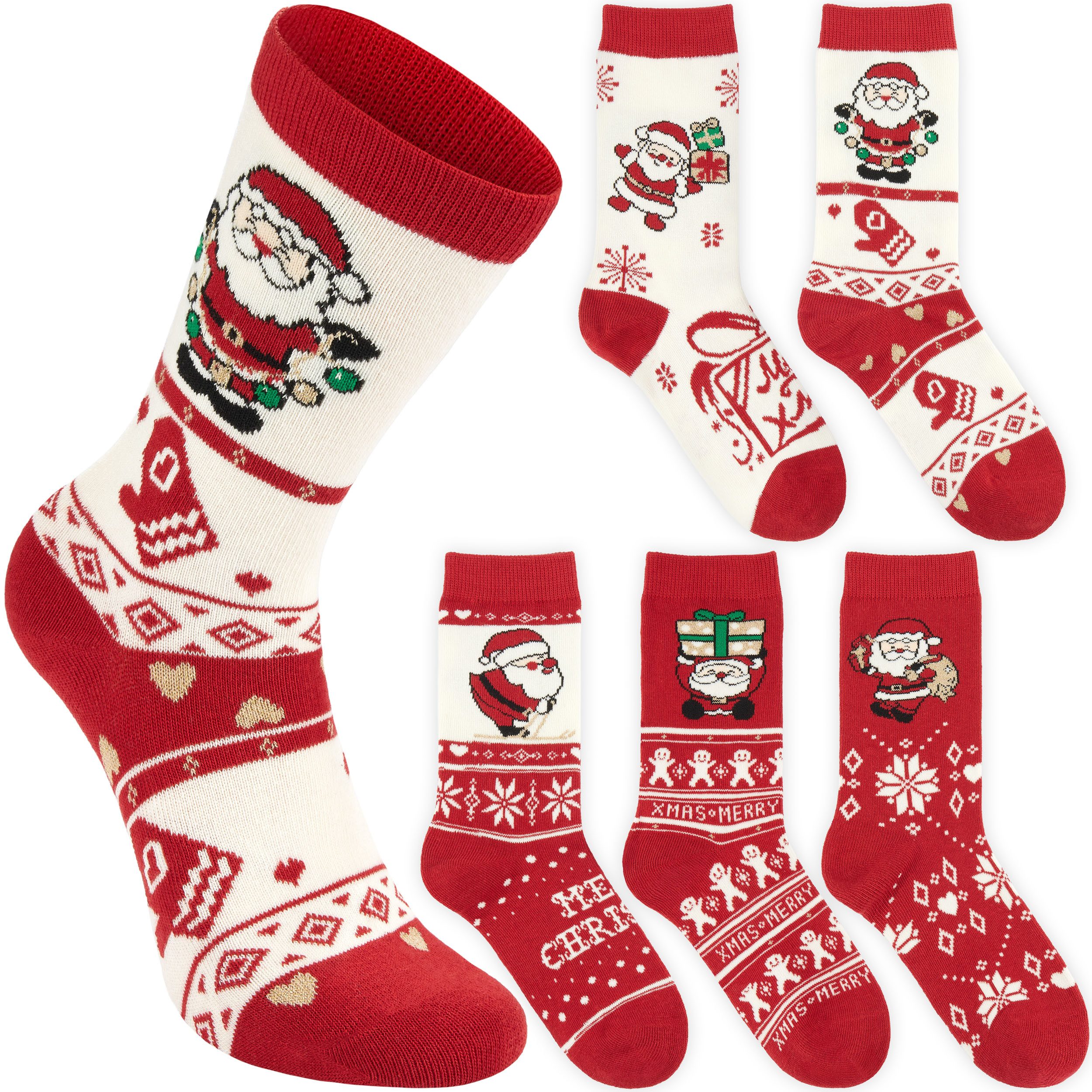 BRUBAKER Socken Weihnachtssocken Set - 5 Paar Wintersocken aus Baumwolle - Weihnachten (Geschenk für Frauen, 5-Paar, Rot & Weiß - Größe 36-41) Damen Sockenset mit Norwegersocken Muster
