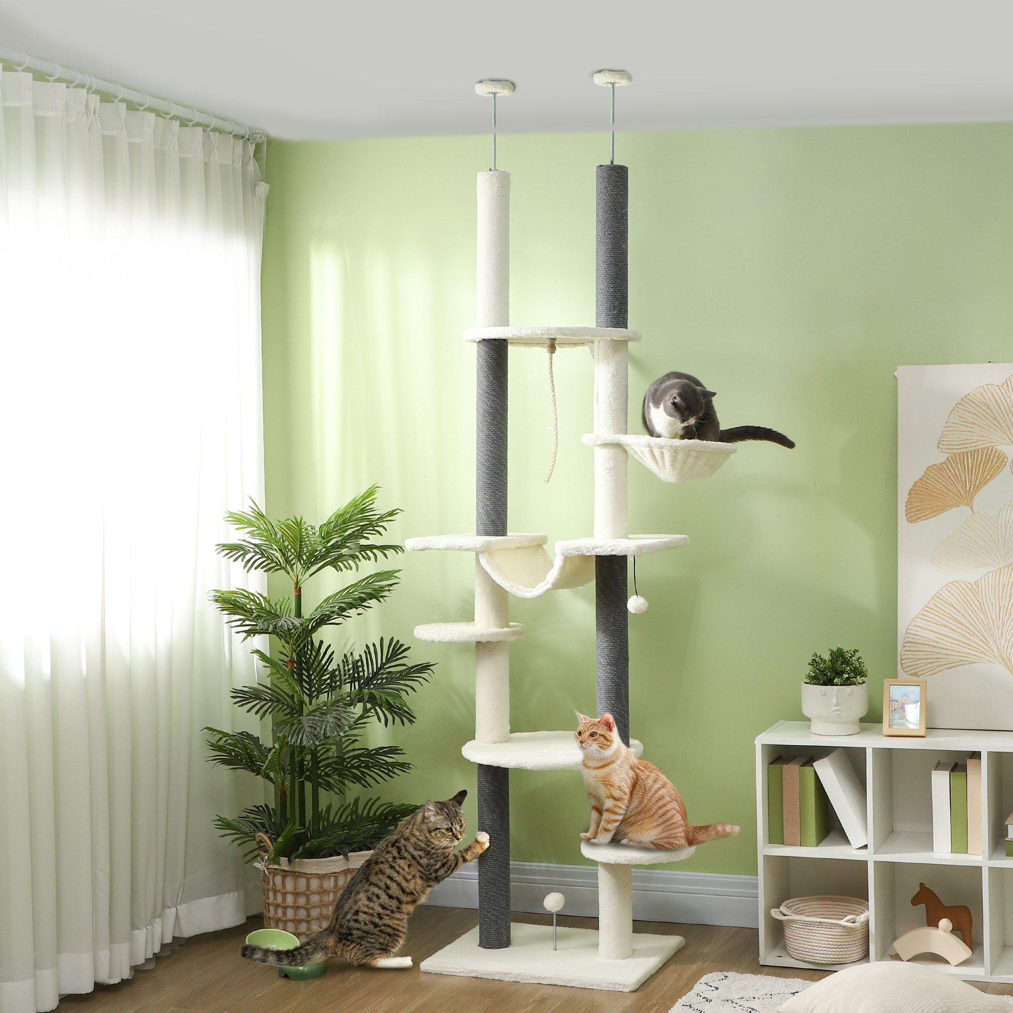 PawHut Kratzbaum Deckenhoch, 225-255 cm, mit Hängematten, Kratzstämmen, Korb, Spielball, mit Kippschutz, Weiß