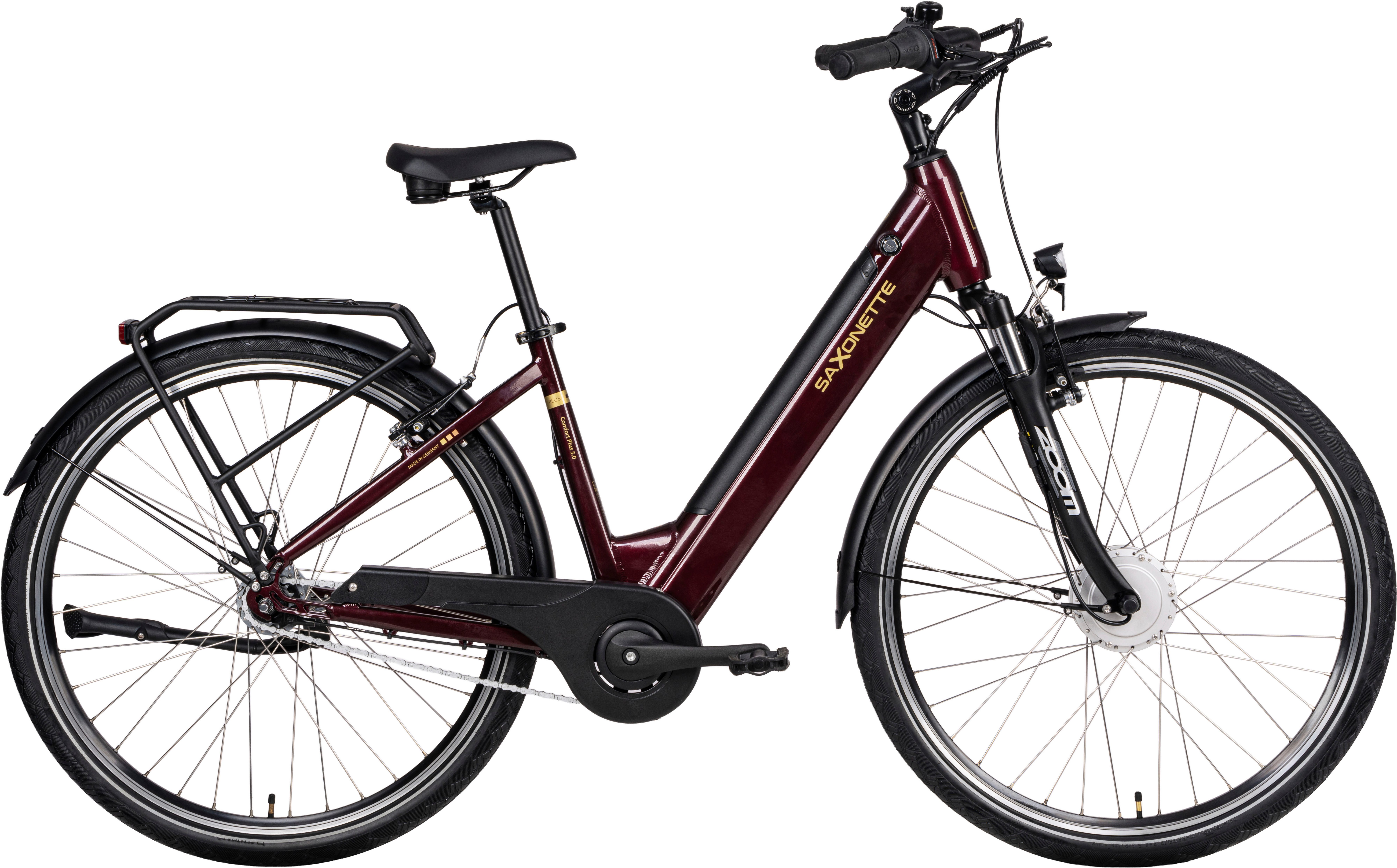 SAXONETTE E-Bike Cityrad SAXONETTE Comfort Plus 5.0 E-Bike Damen 28 Zoll, 7 Gang Shimano Nexus 7 Gänge Schaltwerk, Nabenschaltung, Frontmotor, 468 Wh, (Packung), (mit integr. Akku), Elektrofahrrad für Alltag und Einkauf