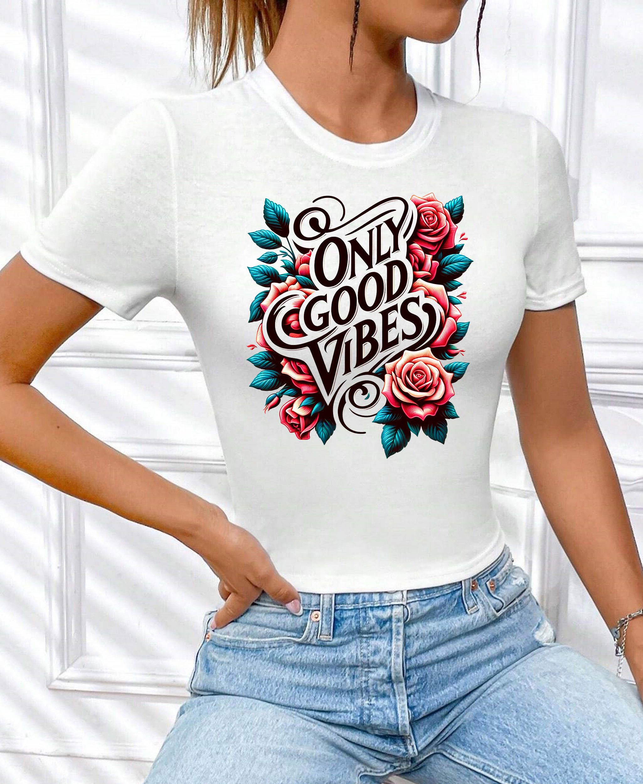 RMK T-Shirt Damen Shirt Bluse kurzarm Rundhals coolen Aufdruck "Good Vibes Only"