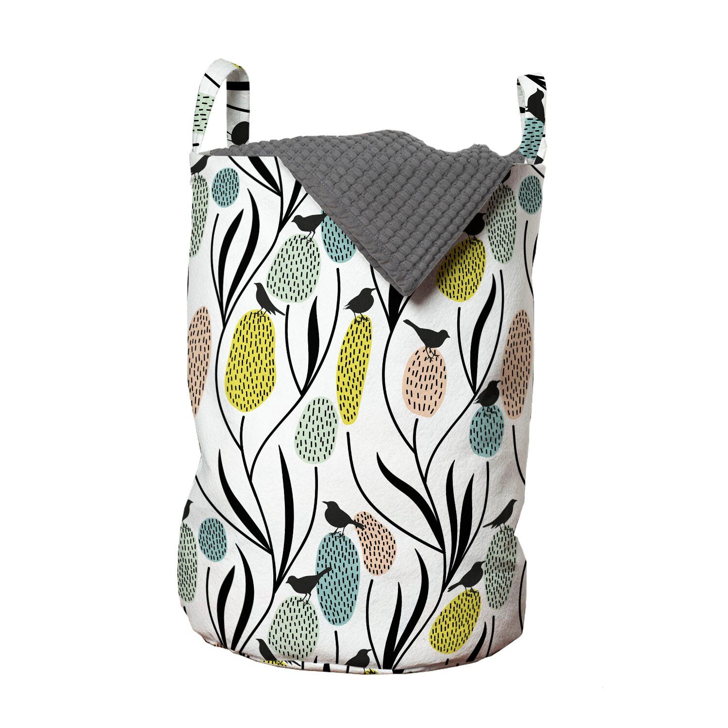 Abakuhaus Wäschesäckchen Wäschekorb mit Griffen Kordelzugverschluss für Waschsalons, Frühling Vögel und Pflanzen Abstrakt