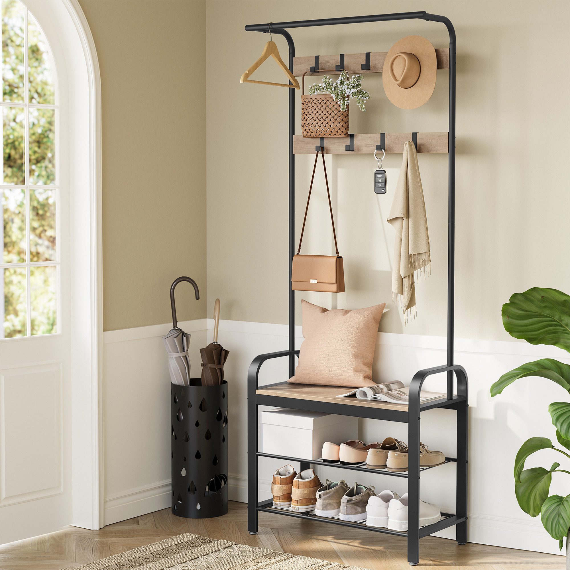 VASAGLE Garderobenständer Garderobe, mit Sitzfläche, 2 Gitterablagen günstig online kaufen