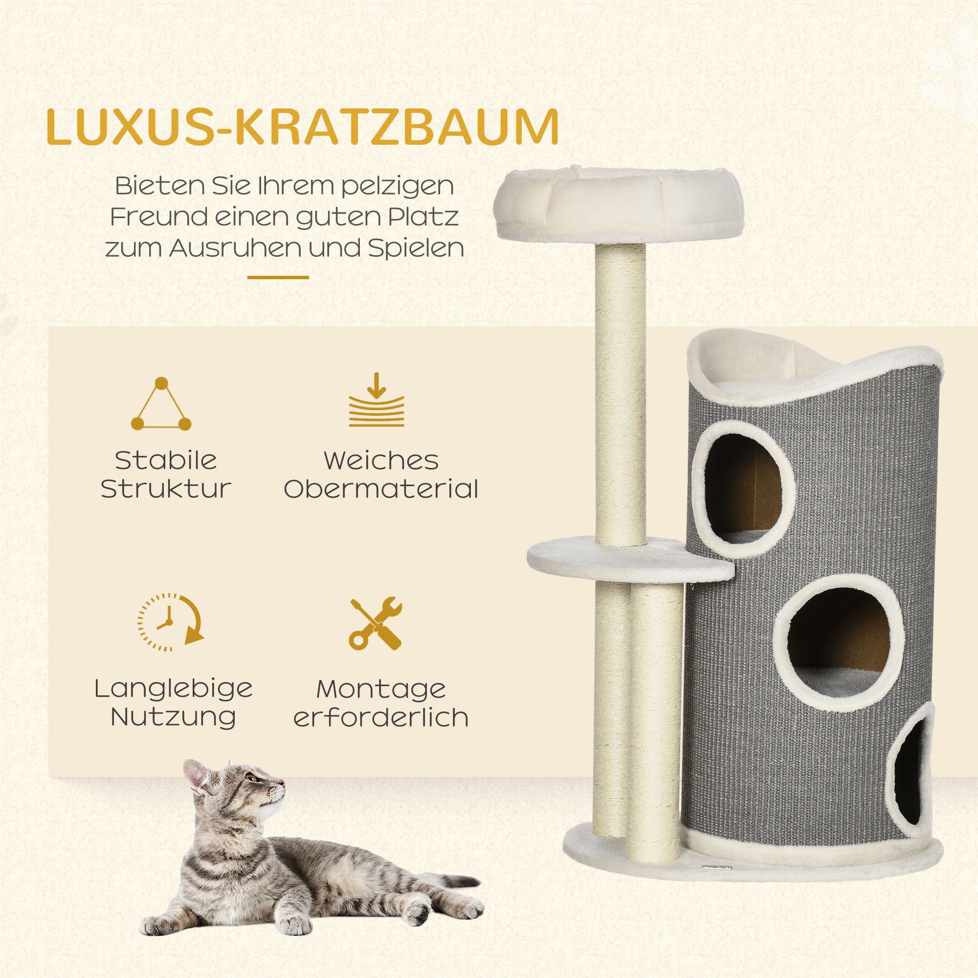 furnicato Kratzbaum Katzenkratzbaum 60L x 44,5B x 109H cm in Weiß+Grau, Kletterspielplatz mit Plüschbett, Kratztonne und Sisalpfosten