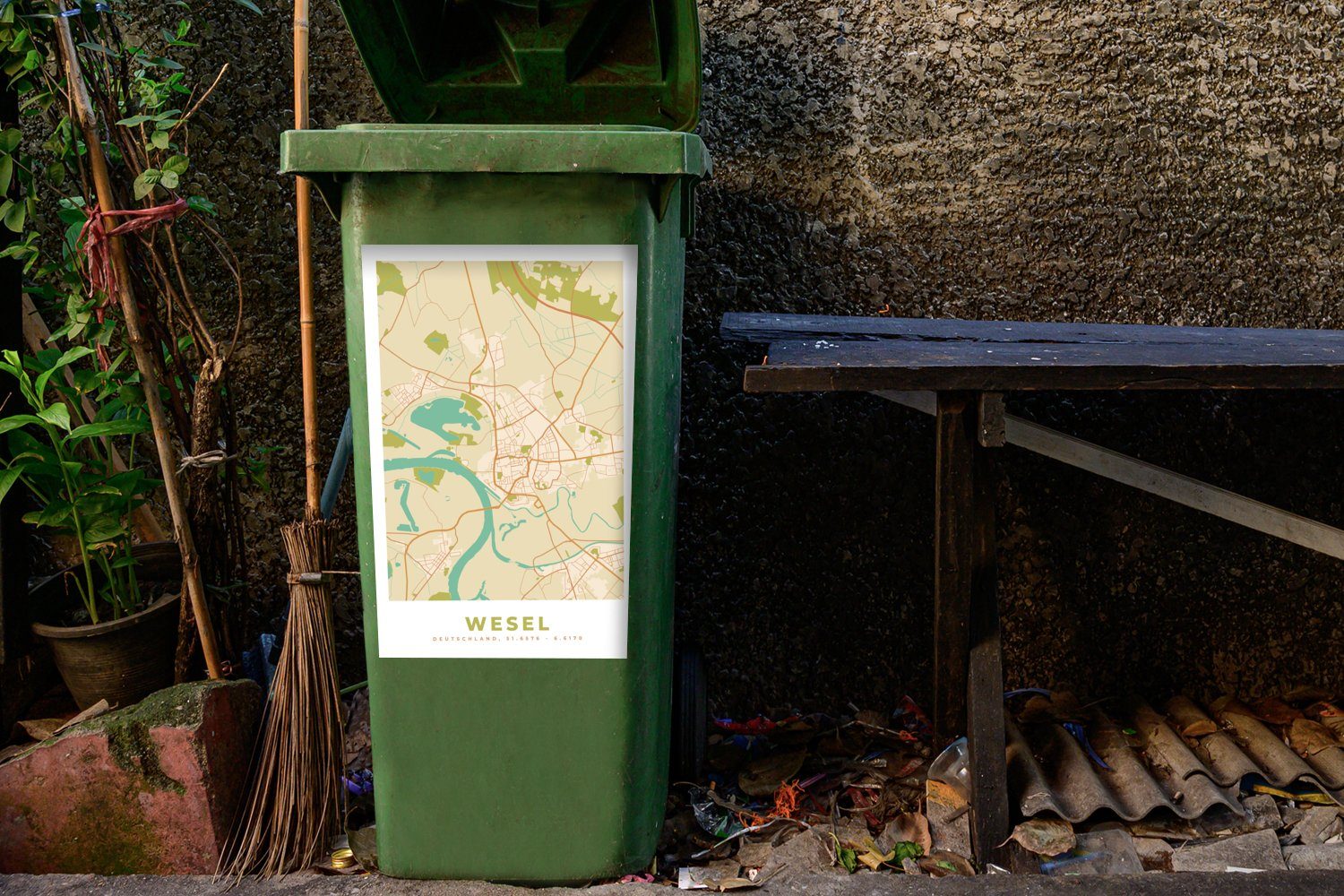 St), Wandsticker - Mülleimer-aufkleber, Karte Container, (1 Wesel - Stadtplan Mülltonne, Vintage Sticker, - MuchoWow Abfalbehälter