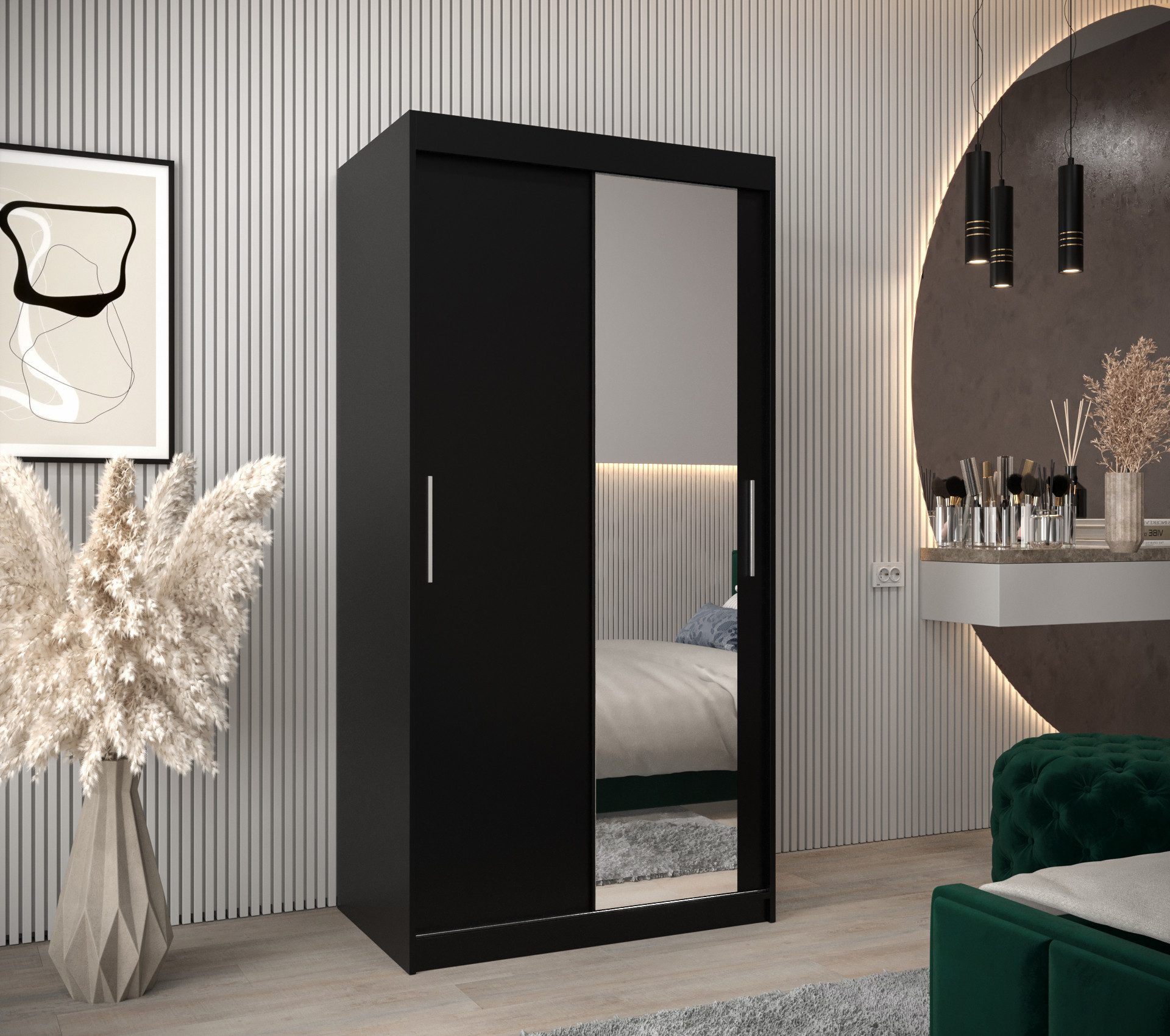 MOEBLO Schiebetürenschrank TORM 2 (Schrank mit Spiegel, mit/ ohne Schubladen, Schwebetürenschrank Schrank Garderobe Schiebtüren Schlafzimmer Wohnzimmerschrank) (BxHxT):100/120/150/180/200/250x200x62 cm