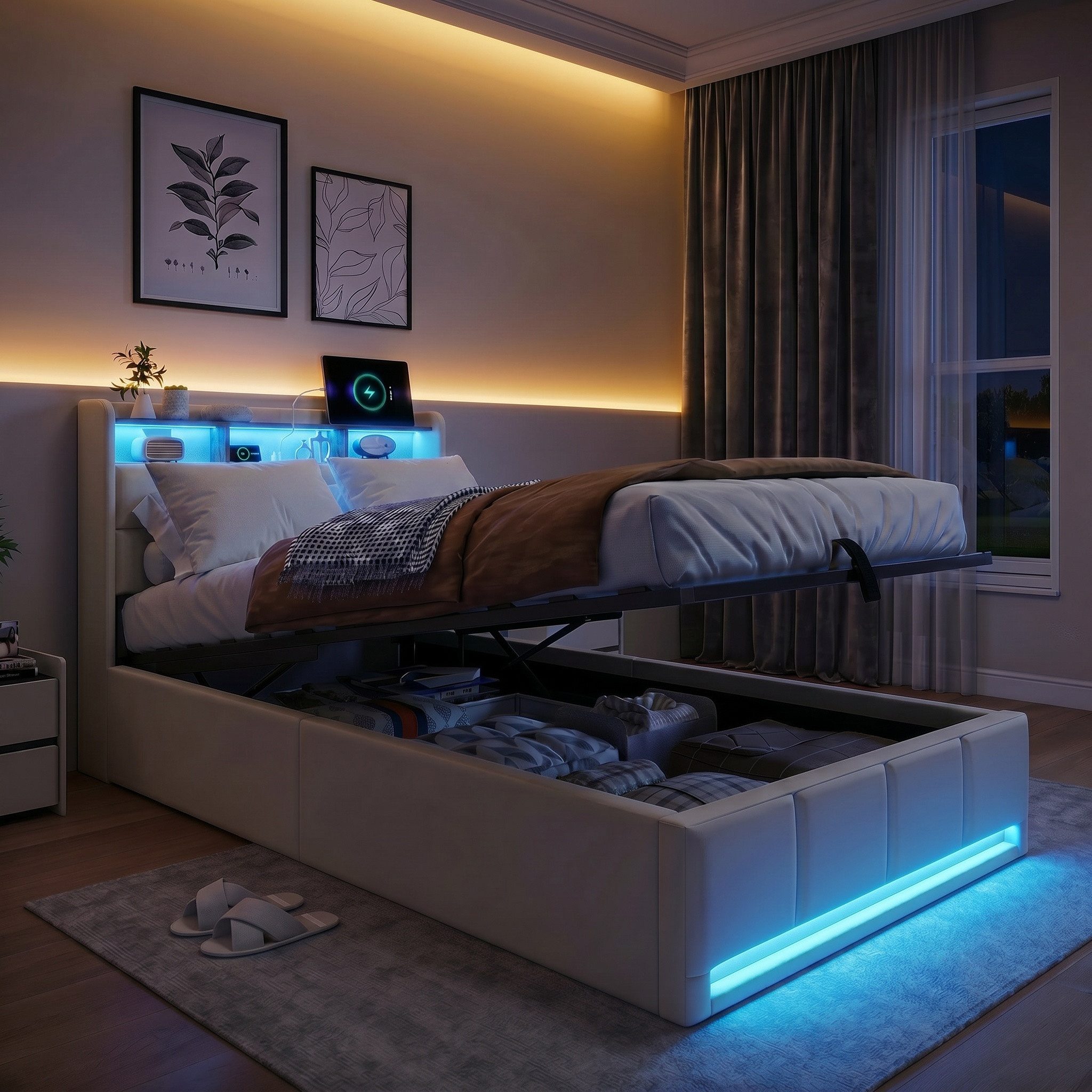 PXloue Polsterbett LED Einzelbett 90x200cm mit Ladefunktion und hydraulischem Stauraum, Geeignet für kleine Wohnungen (mit zusätzlichem Stauraum)