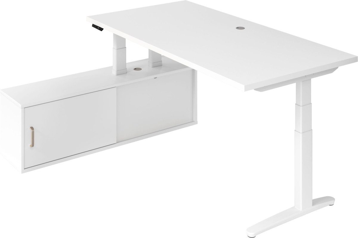 HAMMERBACHER Schreibtisch Sitz-Stehtisch 200x100x65/130cm + Sideboard Weiß/Weiß