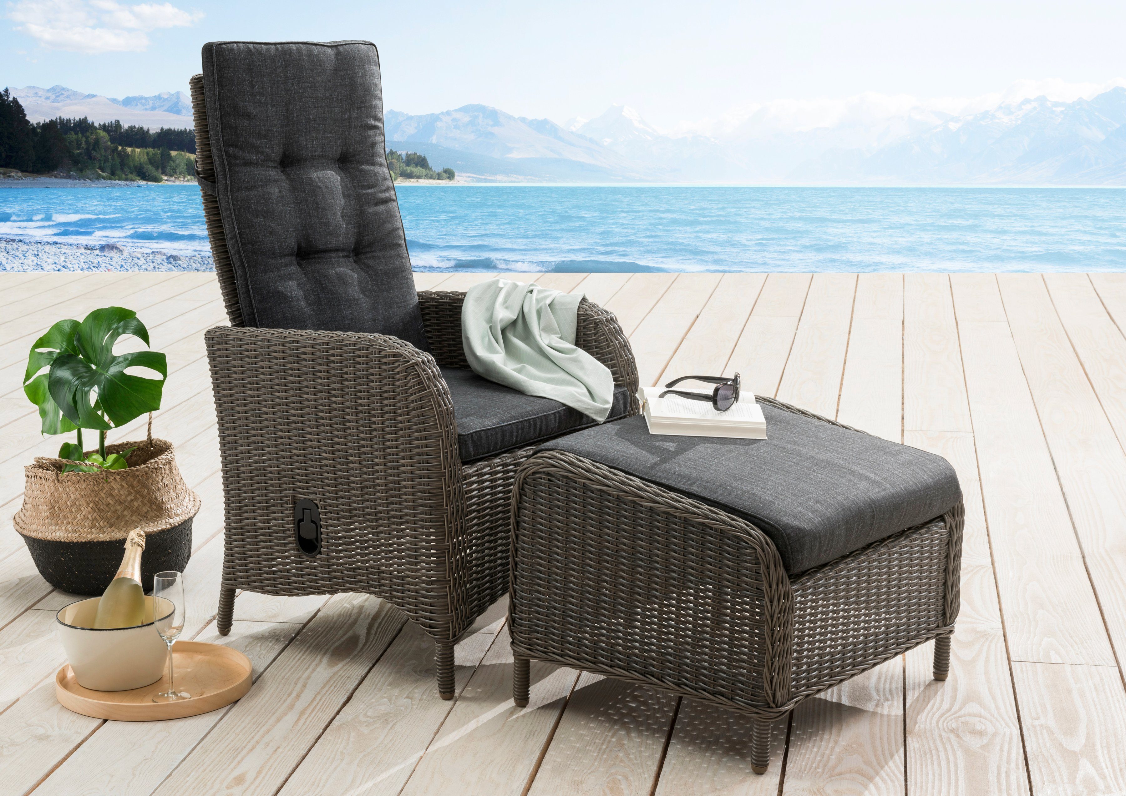 Destiny Sessel PALMA Polyrattan, CASA Hochlehner vintage mit stufenlos Fußhocker + Auflagen verstellbar (Set), Grau