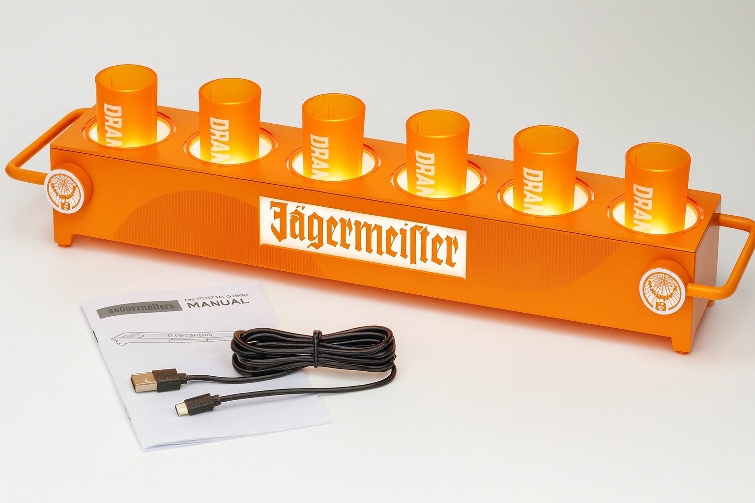 Jägermeister LED-Trinkglas ORANGE LED Shot-Tray – Beleuchtetes Serviertablett mit 6 Shotgläsern, 7-tlg.