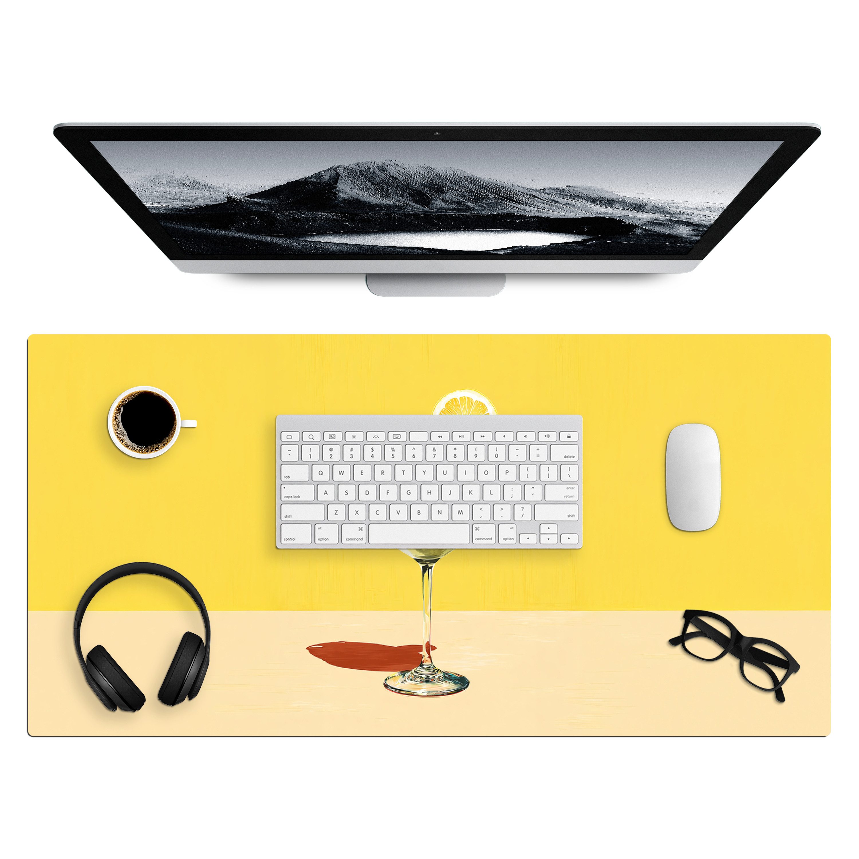 MuchoWow Gaming Mauspad Weinglas - Zitrone - Gelb - Minimalistisch (1-St), Gaming Mauspad XXL, Schreibtischunterlage, Desk Mat Groß, 80x40 cm